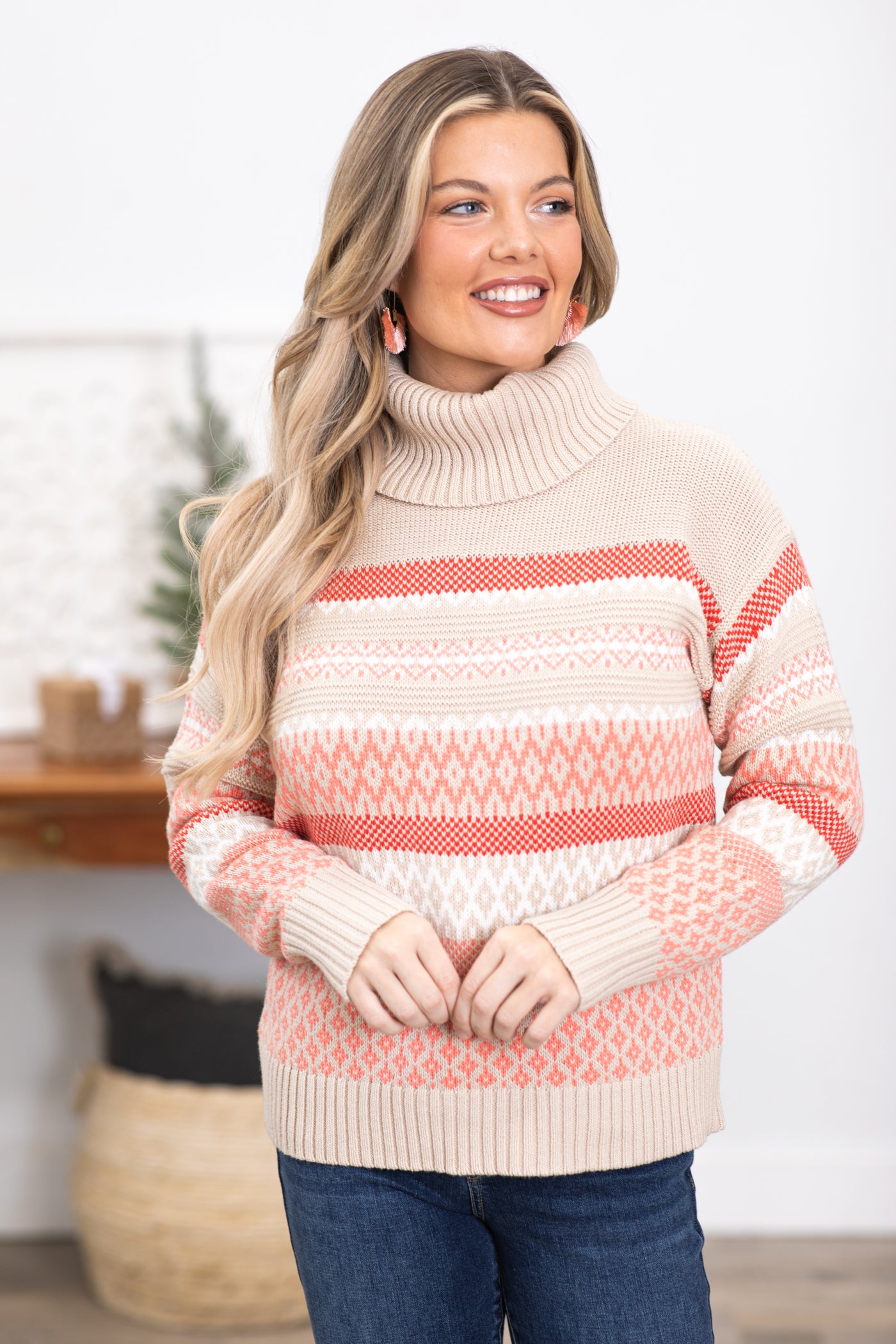 Coral and Tan Stripe Aztec Print Sweater