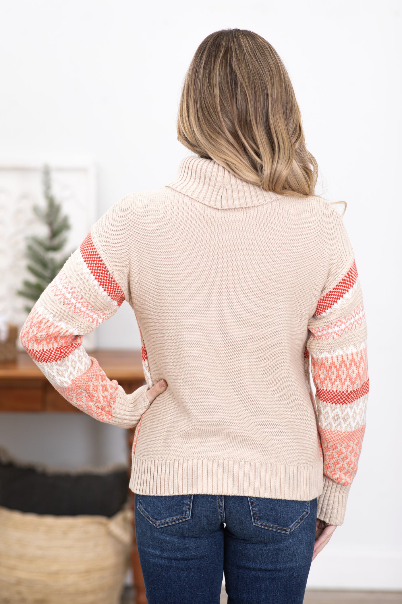 Coral and Tan Stripe Aztec Print Sweater