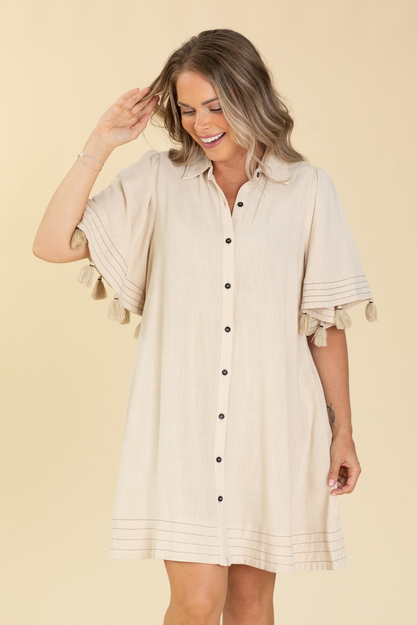 womens khaki shirt dress boohoo Women's Petite Poplin Volume Hem Shirt Dress