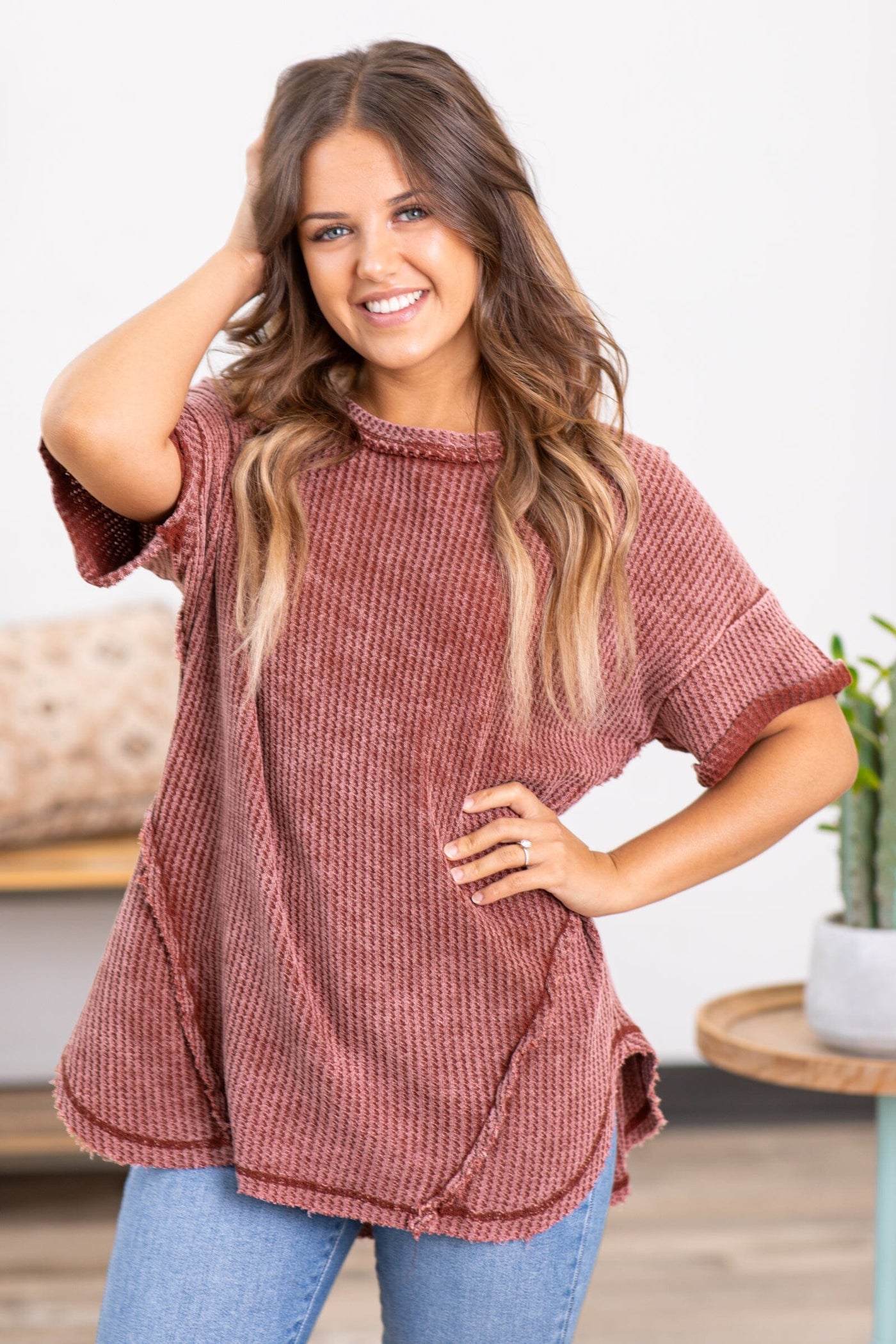 Maroon Washed Reverse Seam Waffle Knit Top - Filly Flair