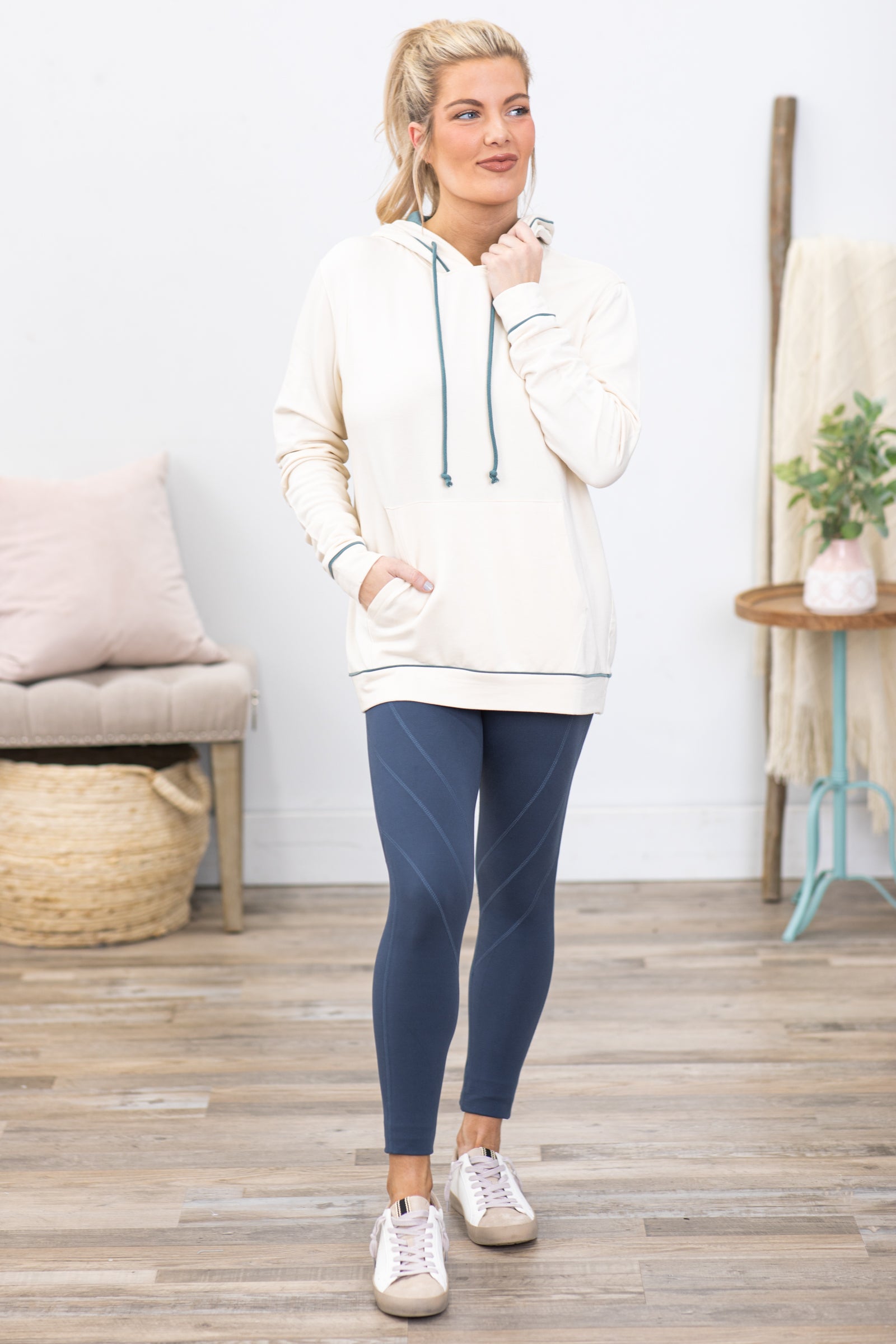 Ivory With Seafoam Contrast Hoodie