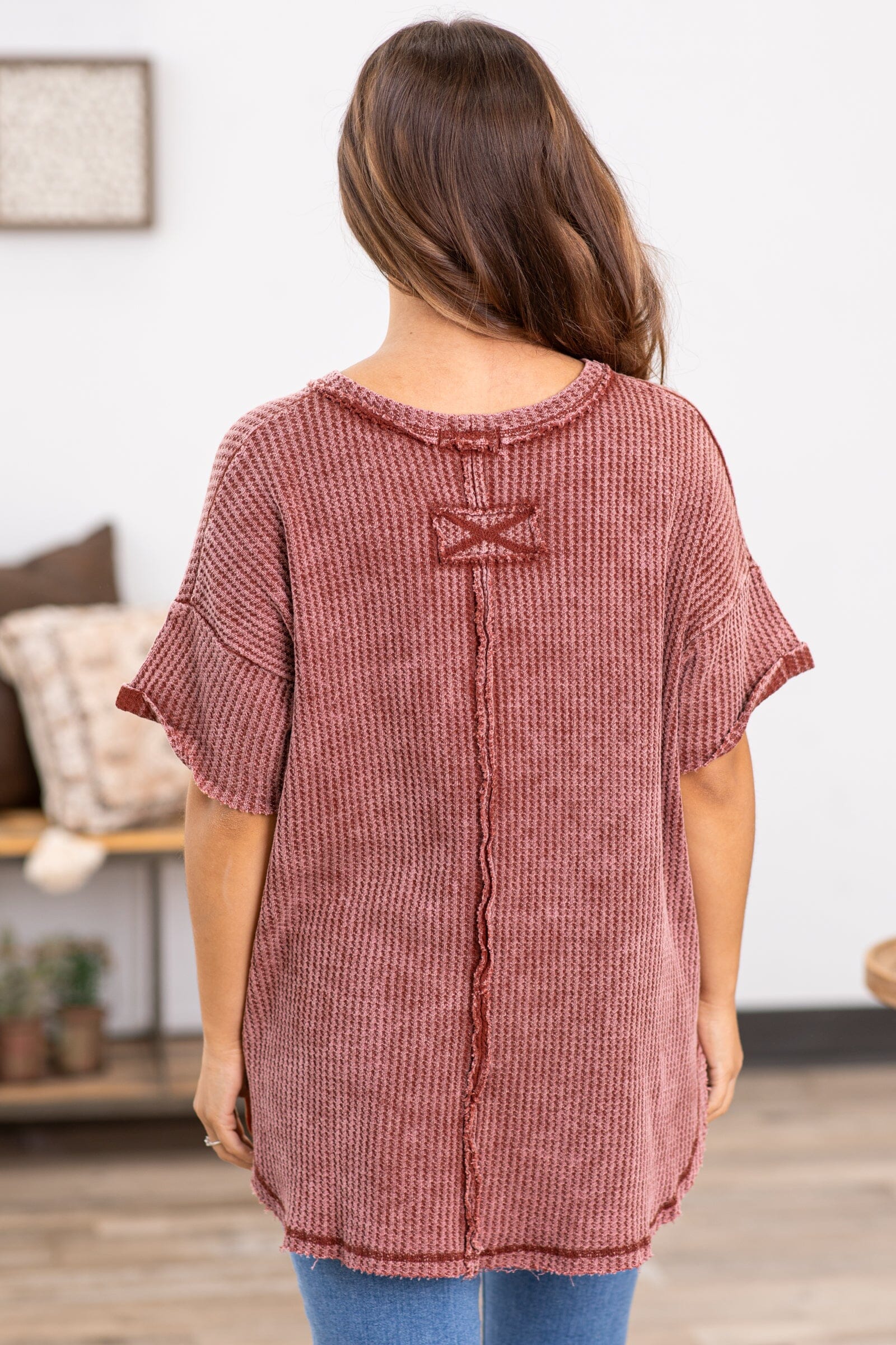 Maroon Washed Reverse Seam Waffle Knit Top - Filly Flair