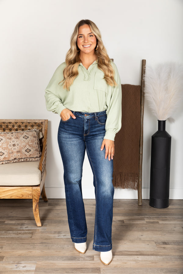 RISEN High Rise Wide Leg Jeans with Distressed Hem, Dark Wash