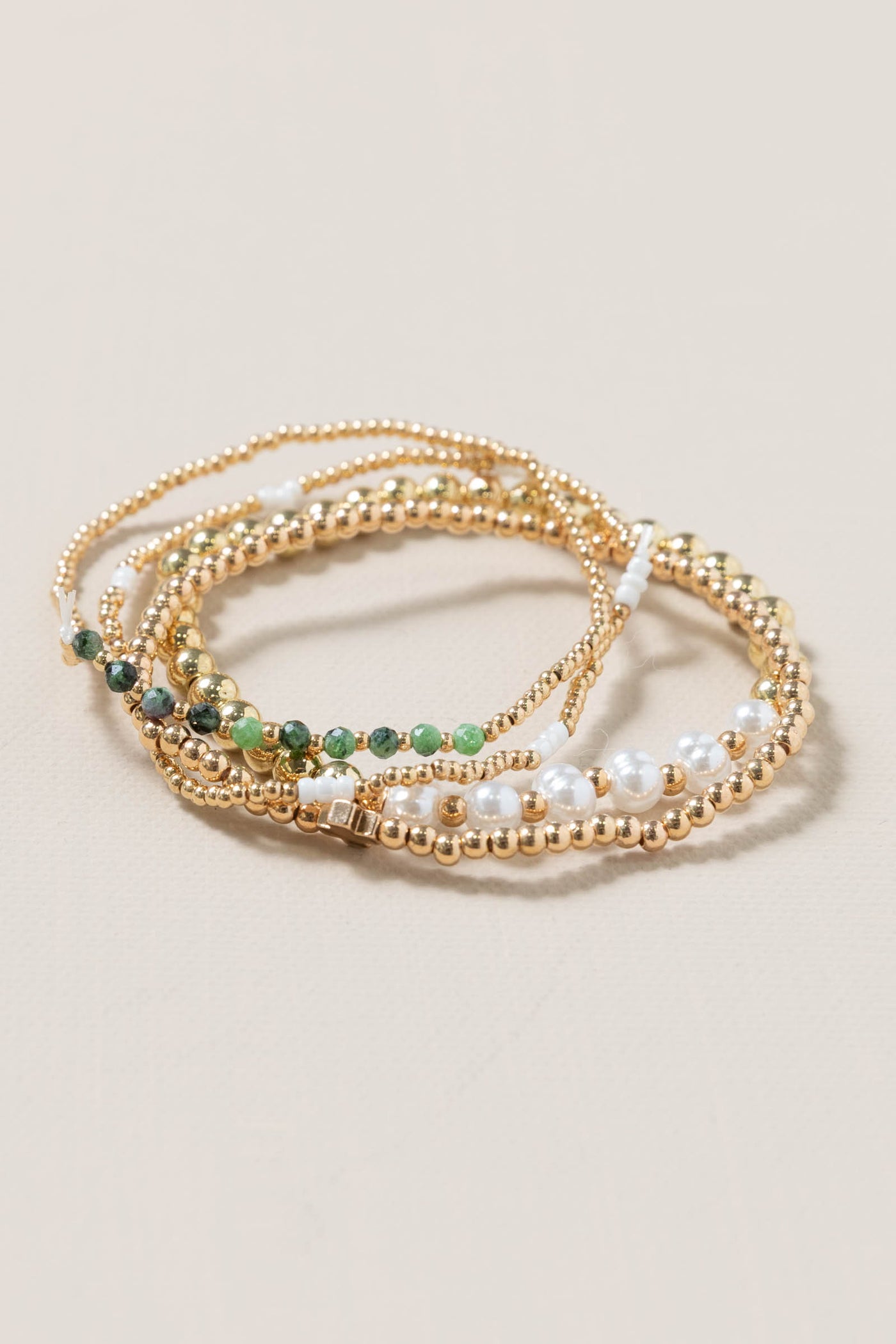Jade and Gold Pearl Chain Stretch Bracelets