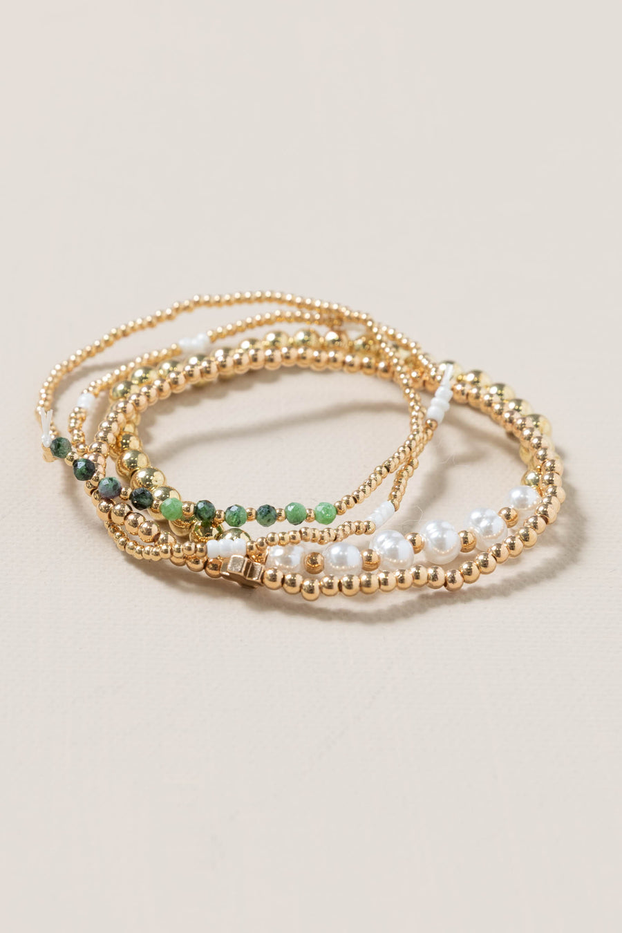 Jade and Gold Pearl Chain Stretch Bracelets