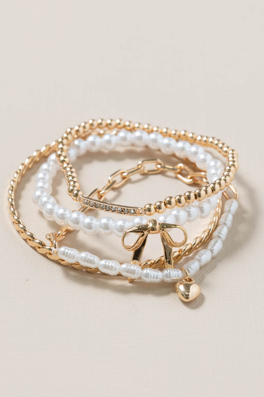 Bow Pearl Rhinestone Bar Stretch Bangle Set