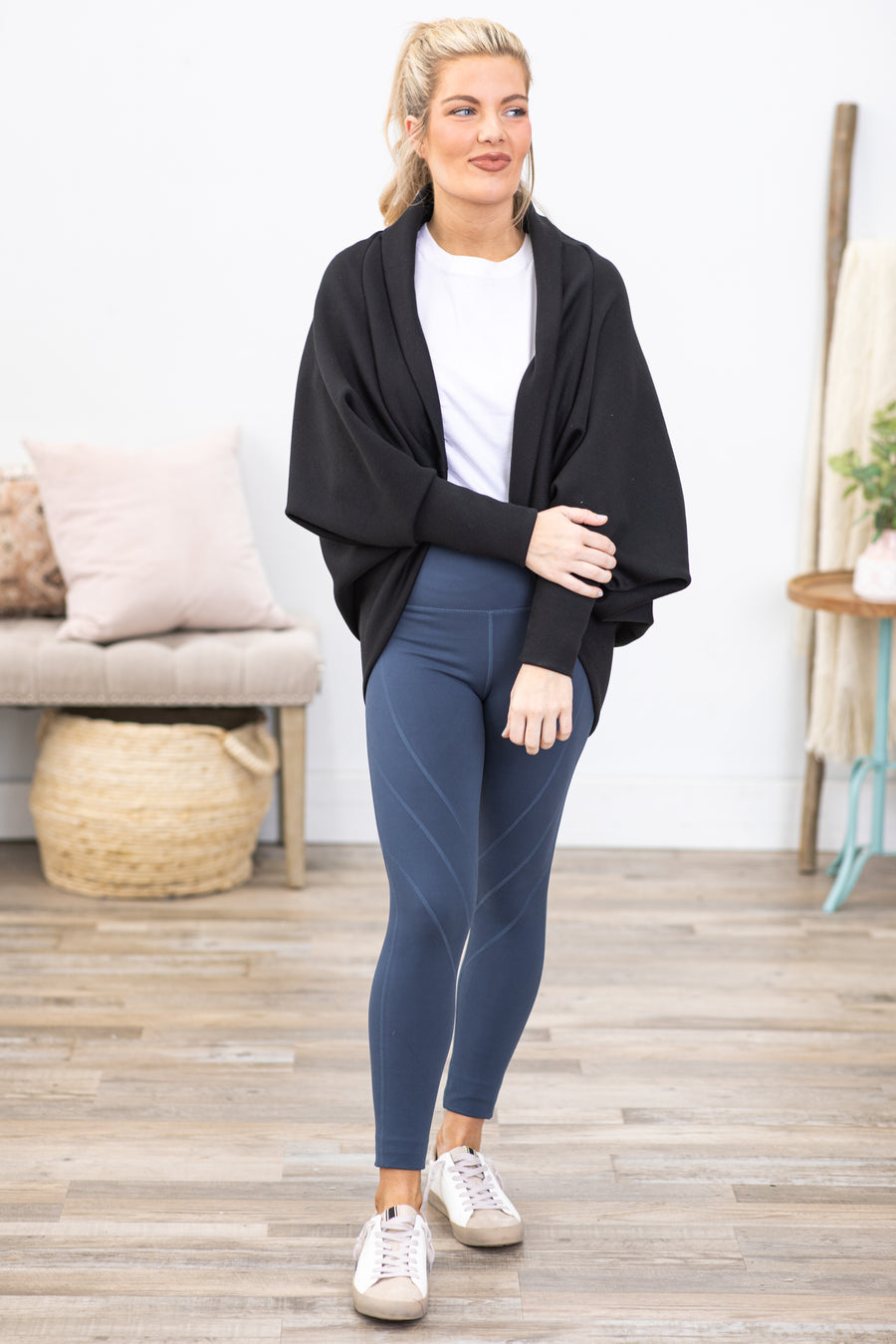 Blue Grey High Waist Leggings With Seam Detail