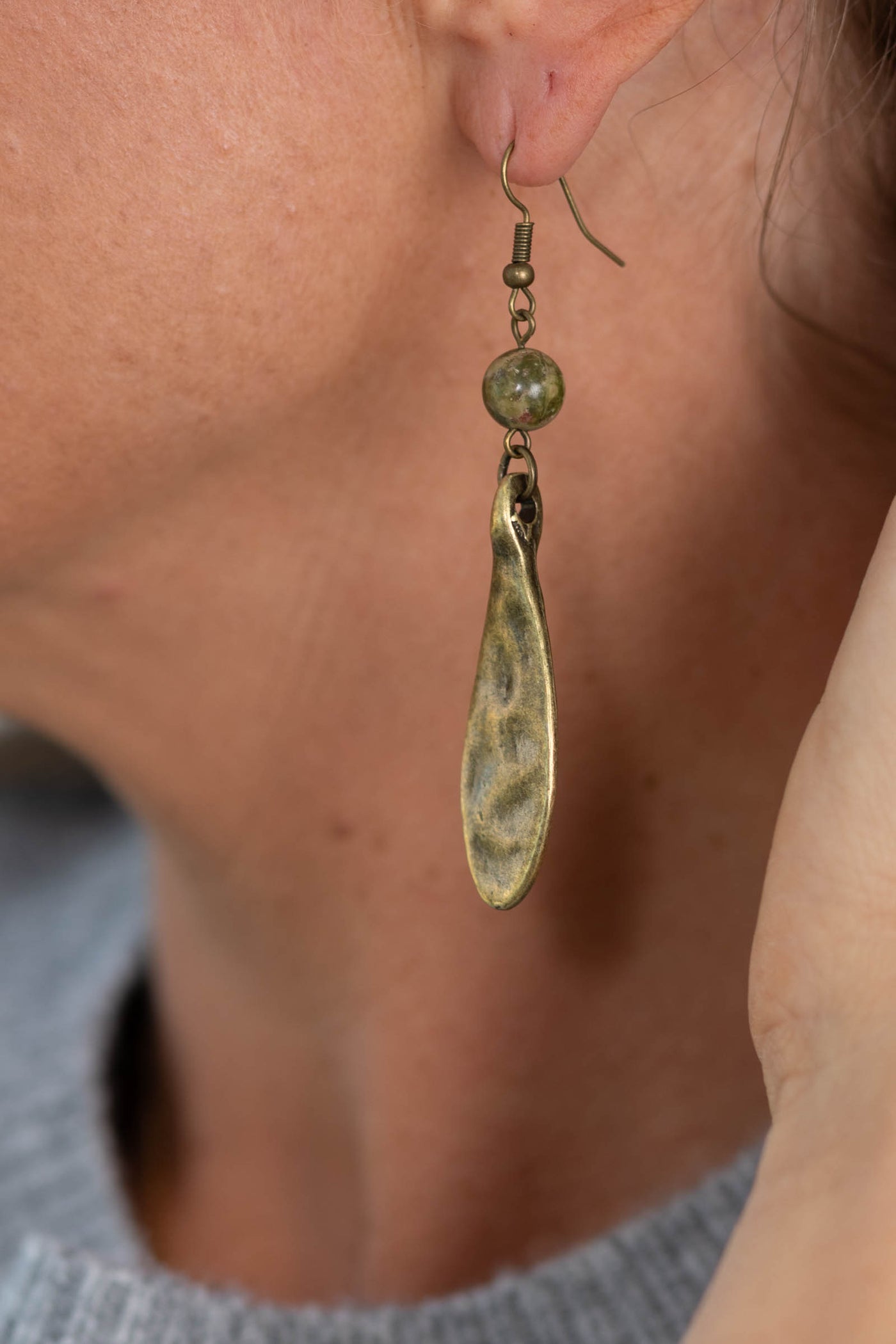 Light Olive Bead Bronze Fish Hook Earrings