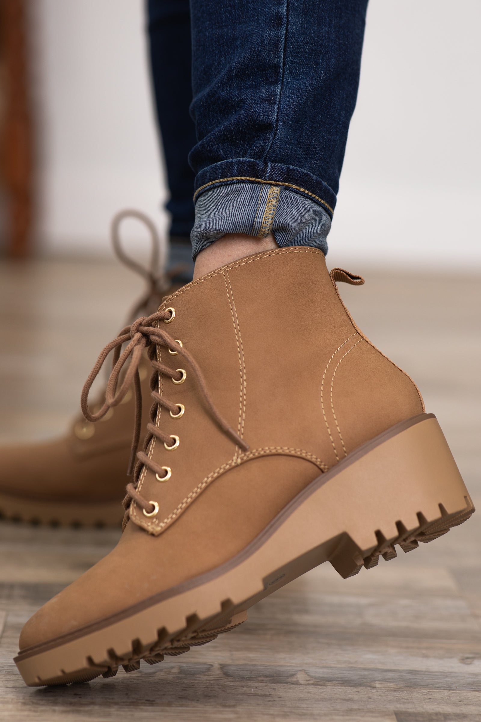 Tan Lace Up Sole Wedge Booties