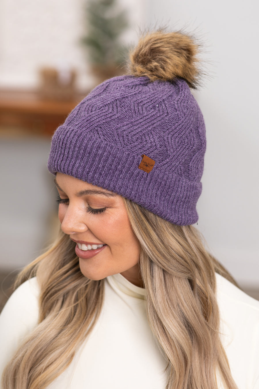 Dark Lavender Plush Lined Beanie With Pom