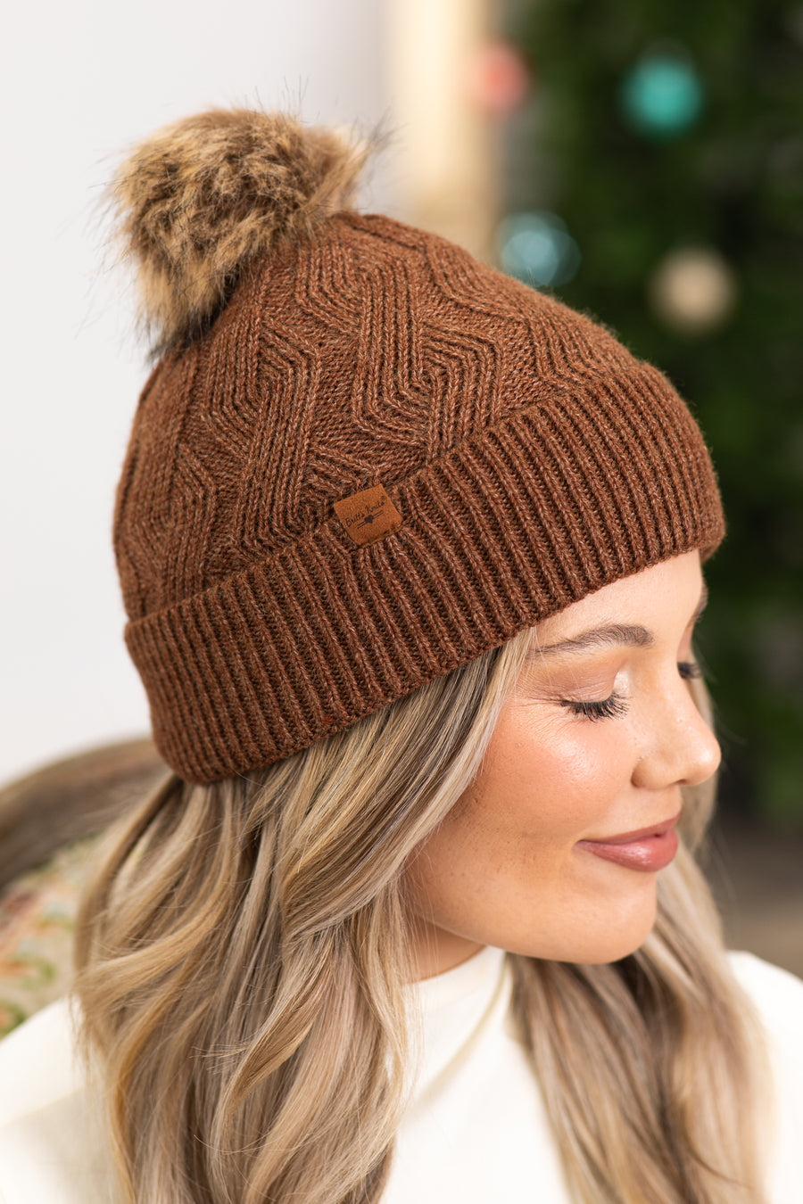 Brown Plush Lined Beanie With Pom