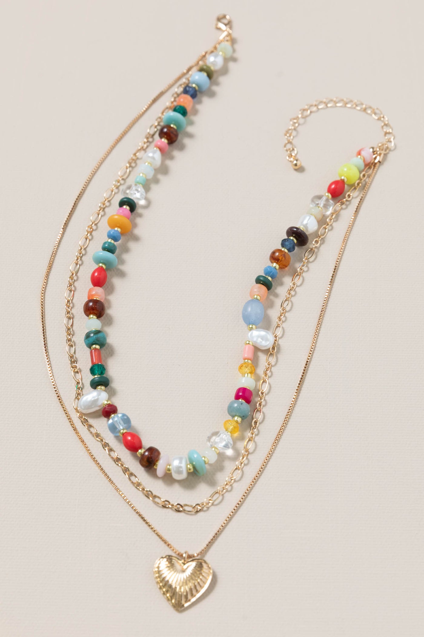 Gold Multi Layered Beaded Heart Charm Necklace