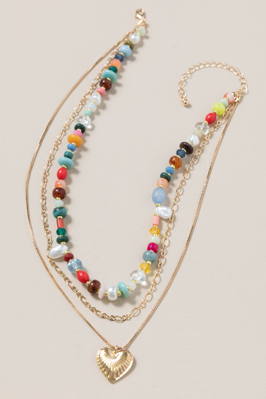 Gold Multi Layered Beaded Heart Charm Necklace