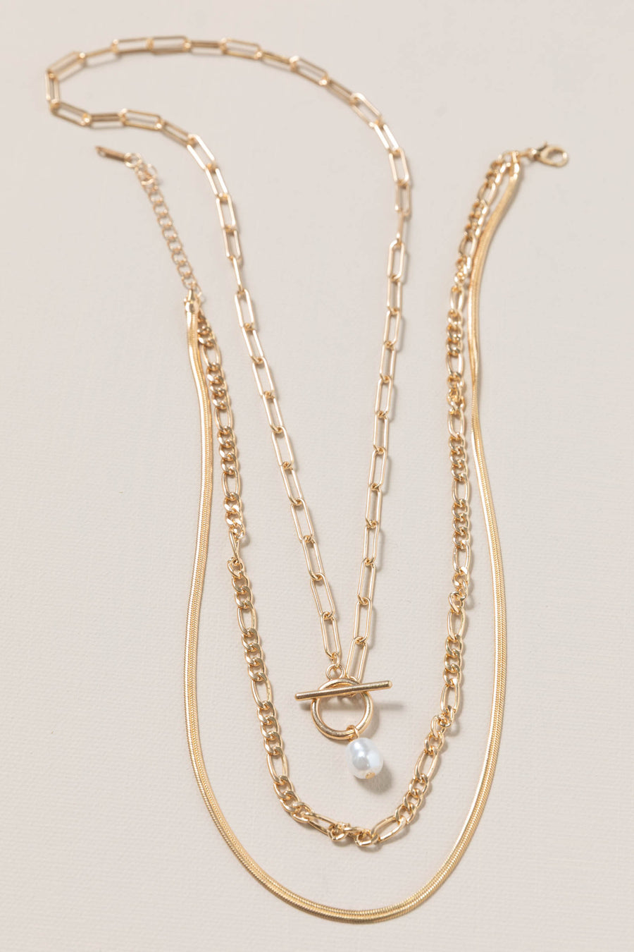 Gold Pearl Pendant with Layered Chain Necklace