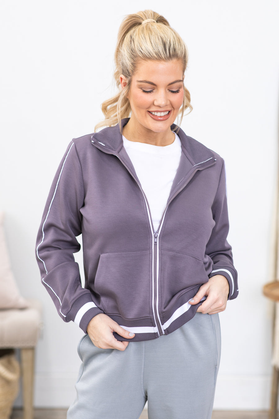 Dusty Purple Retro Stripe Full Zip Sweatshirt