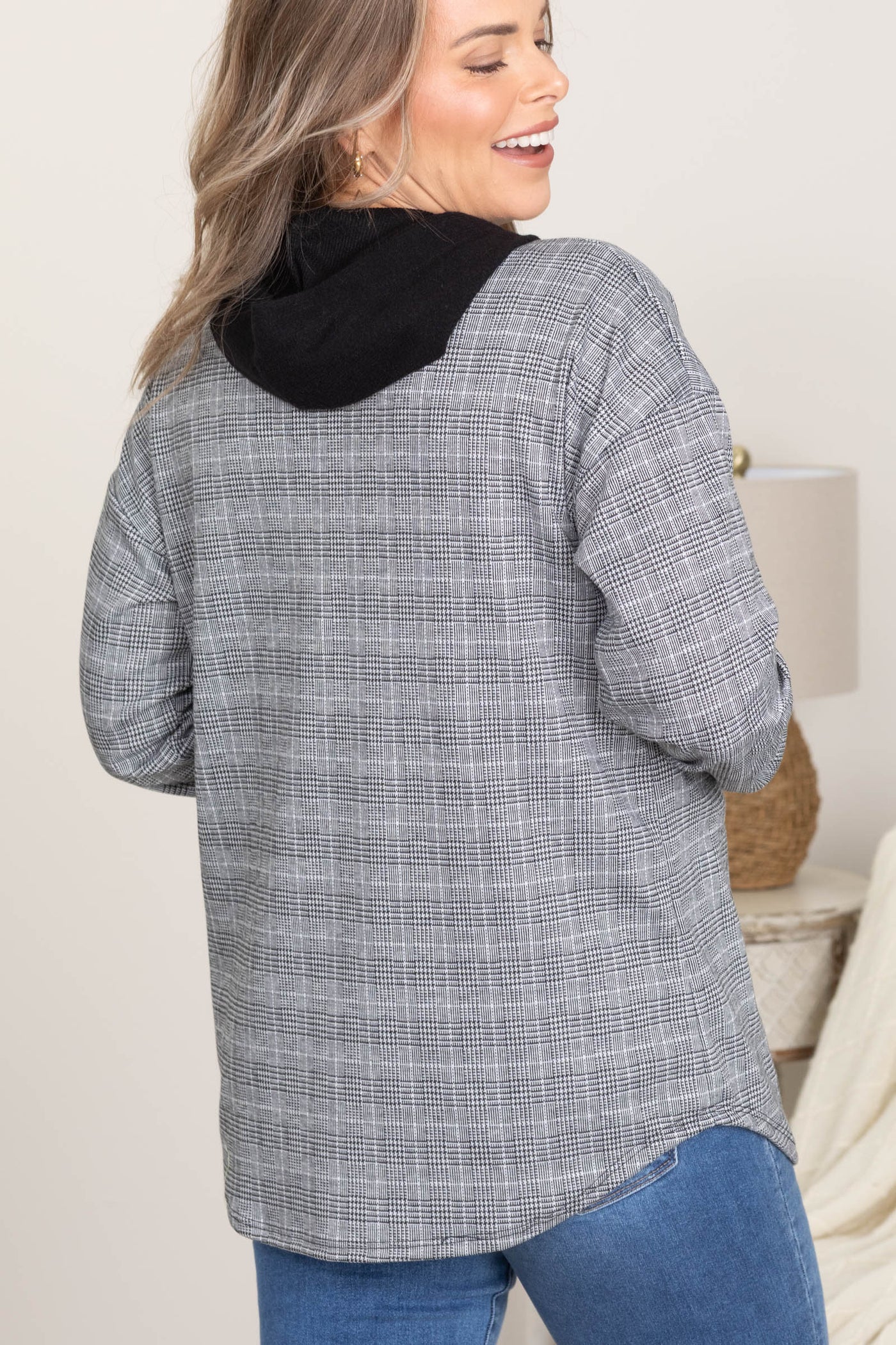 Charcoal Plaid Hooded Button Up Shacket