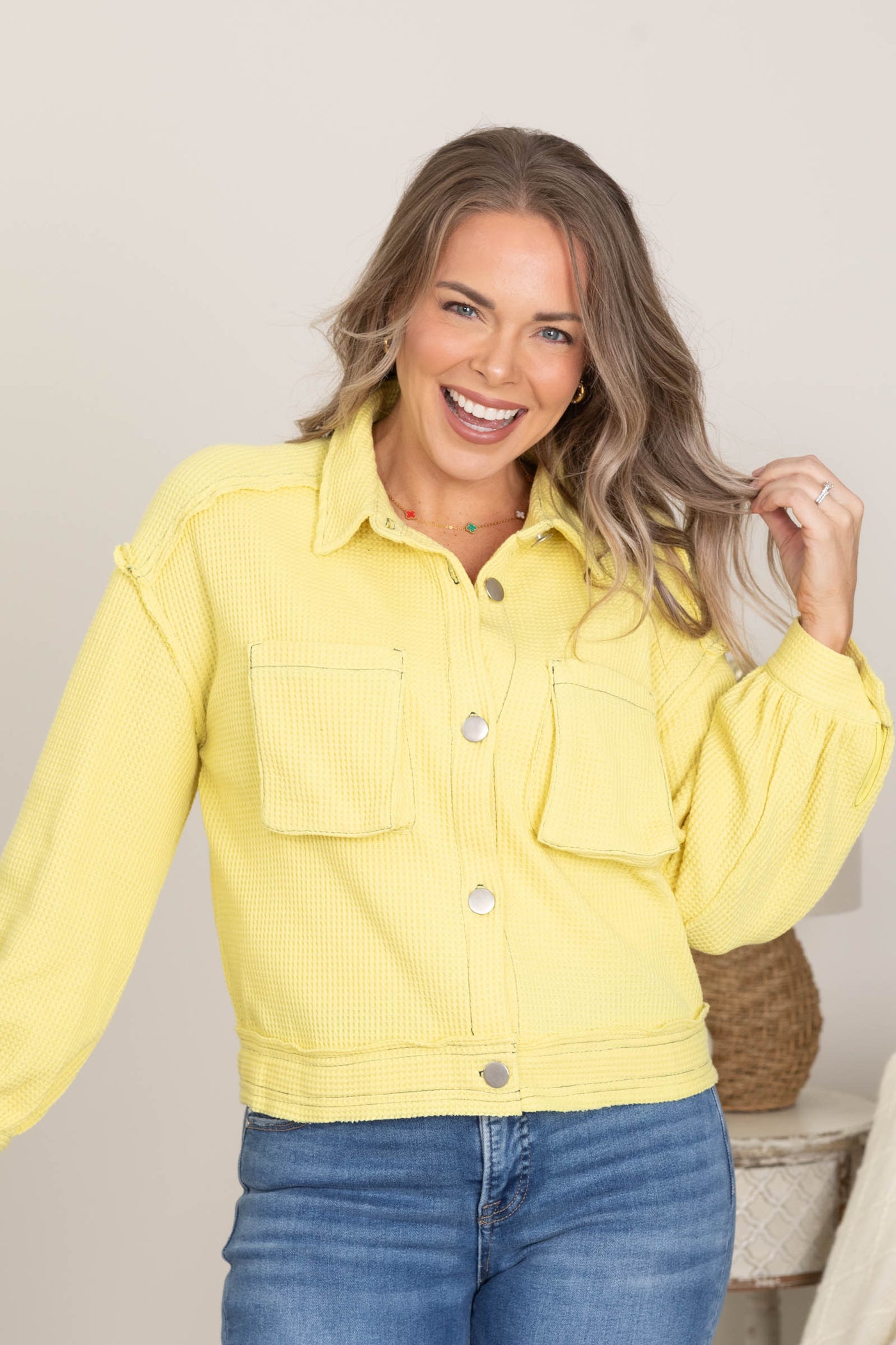 Yellow Waffle Button Jacket