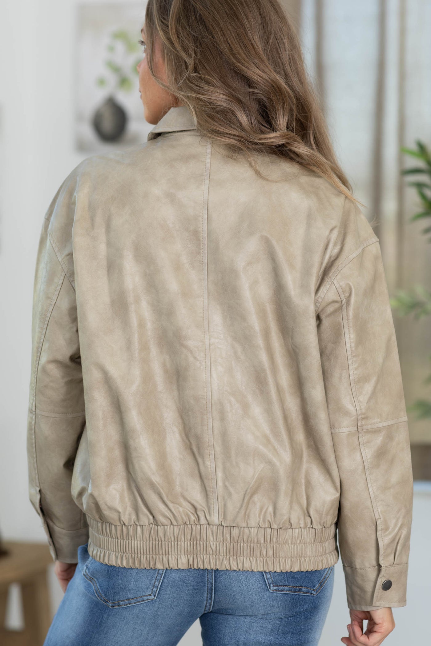 Taupe Faux Leather Collared Zip Up Jacket