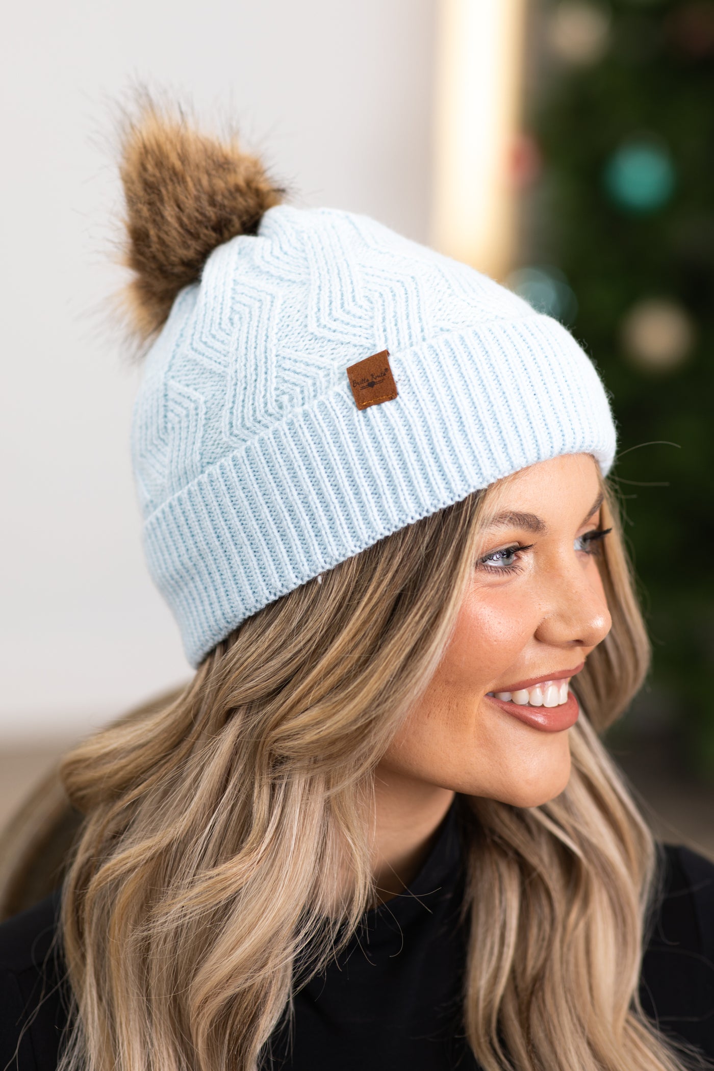 Baby Blue Plush Lined Beanie With Pom