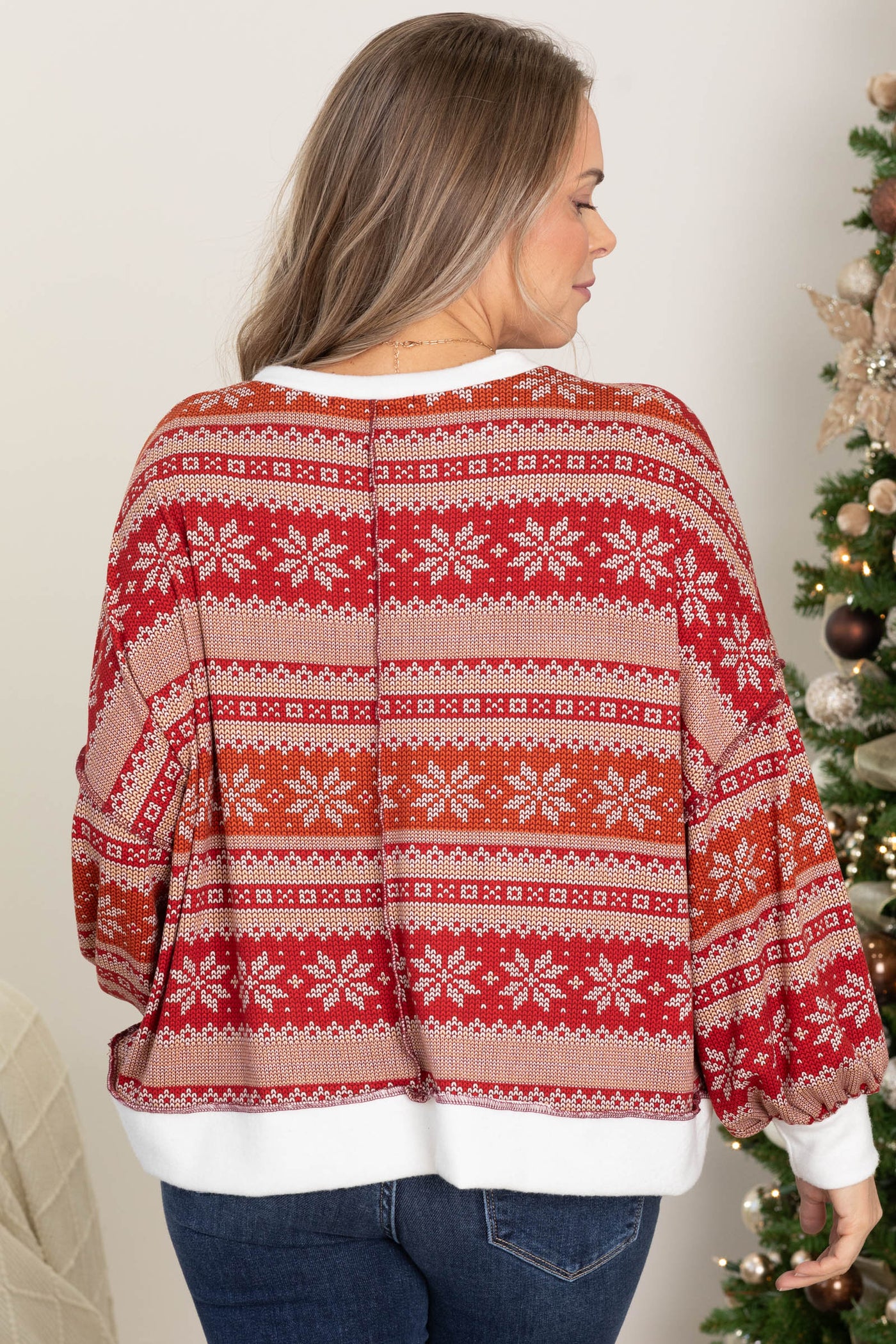 Red And White Nordic Snowflake Print Top