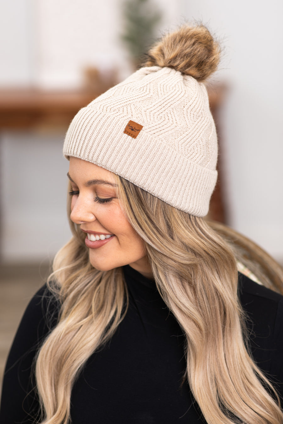 Oatmeal Plush Lined Beanie With Pom
