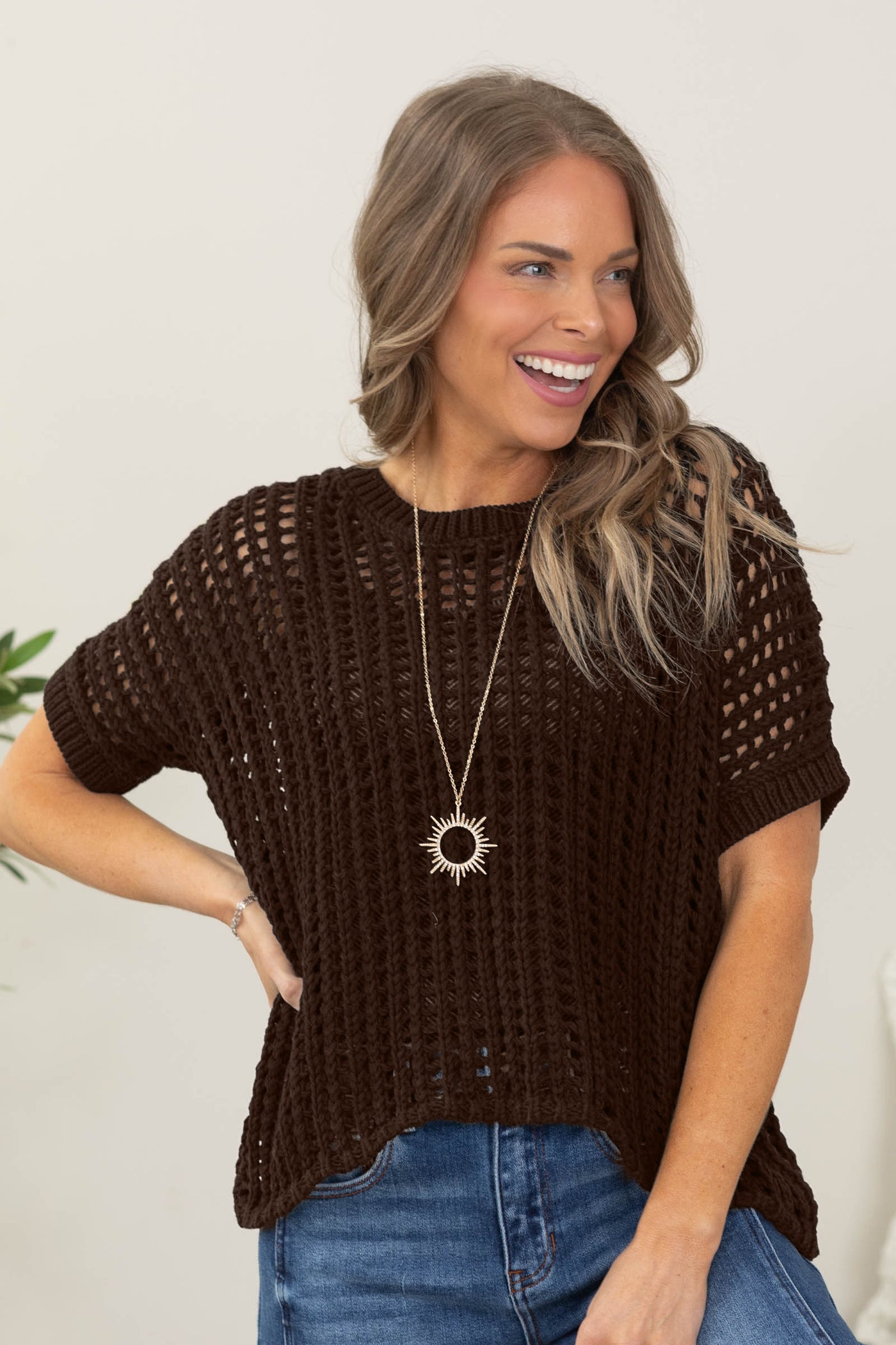 Fish Net Short Sleeve Crochet Sweater- 100% Cotton