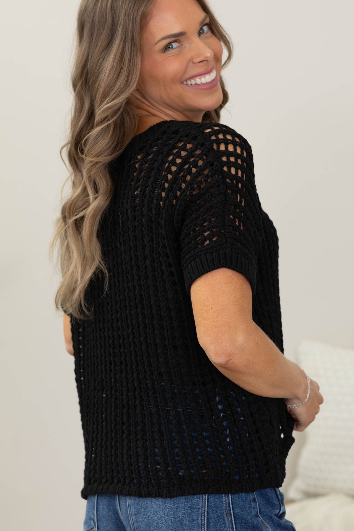 Fish Net Short Sleeve Crochet Sweater- 100% Cotton