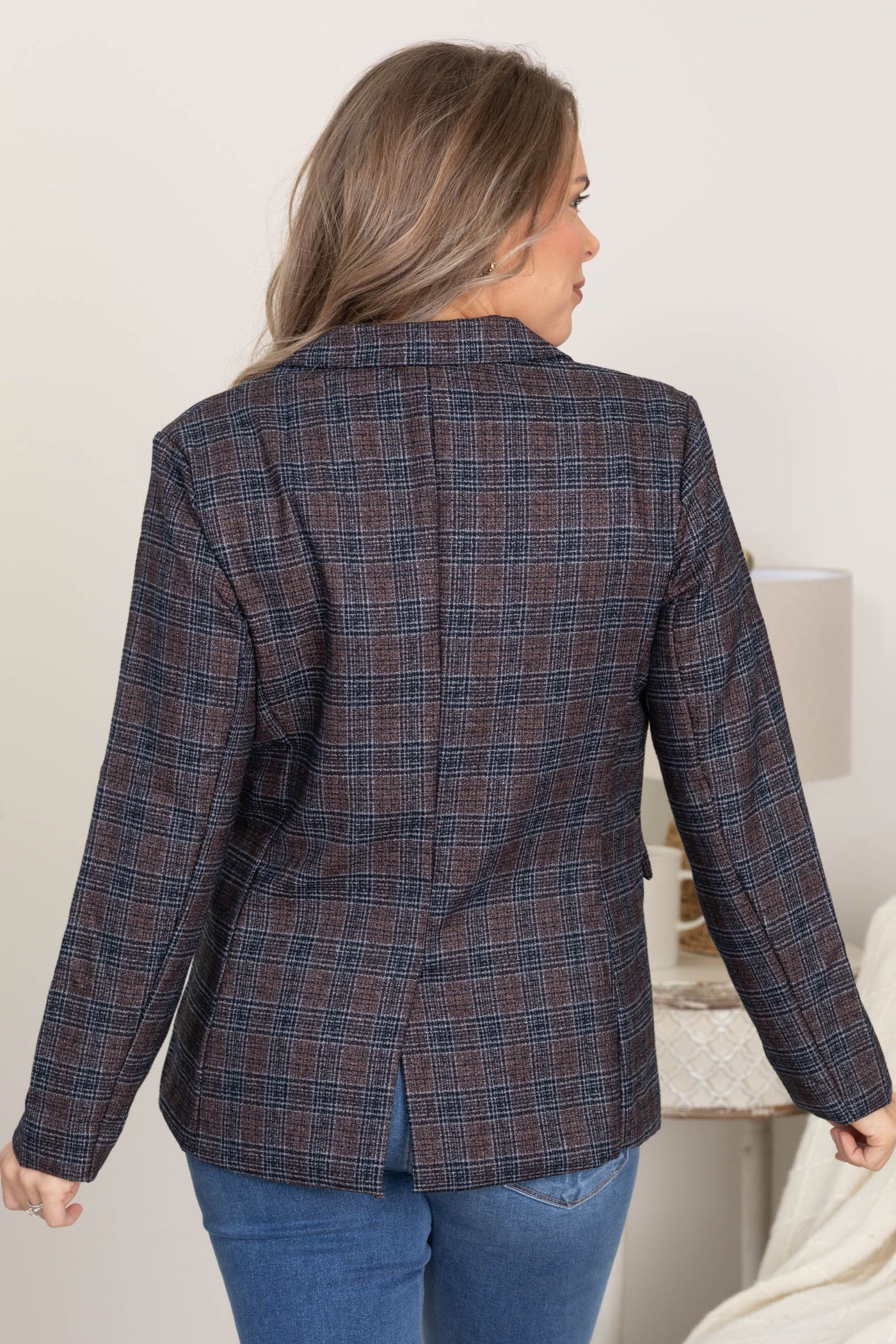 Brown Plaid Double Breasted Blazer