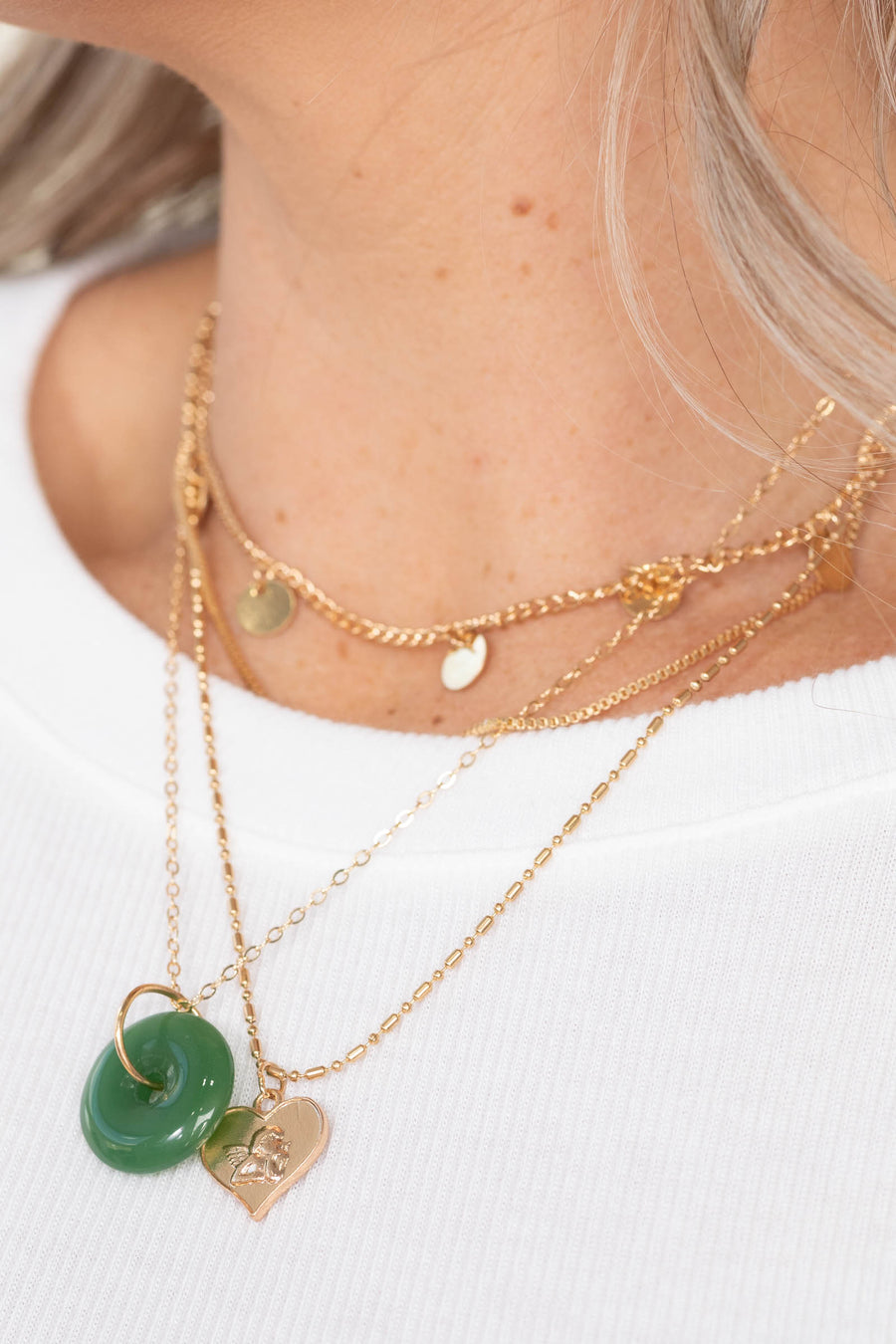 Gold Multi Layer Glass Stone Charm Necklace