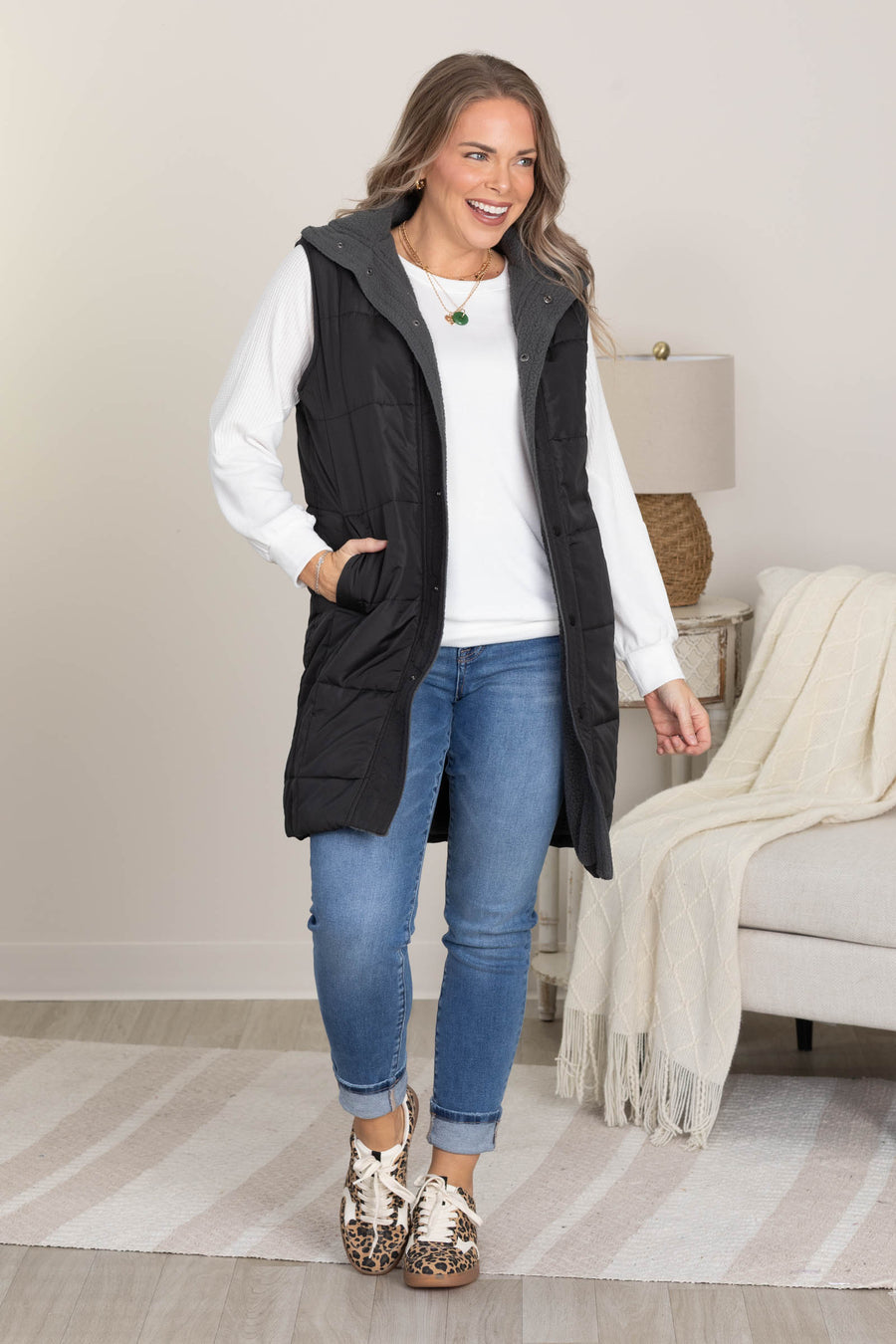 Black Sherpa-Lined Longline Vest
