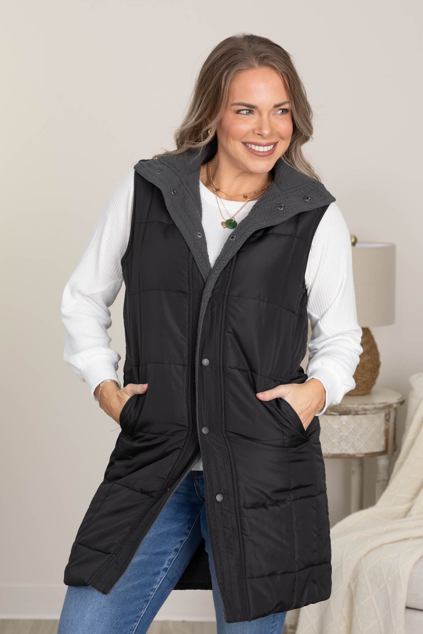 Black Sherpa-Lined Longline Vest