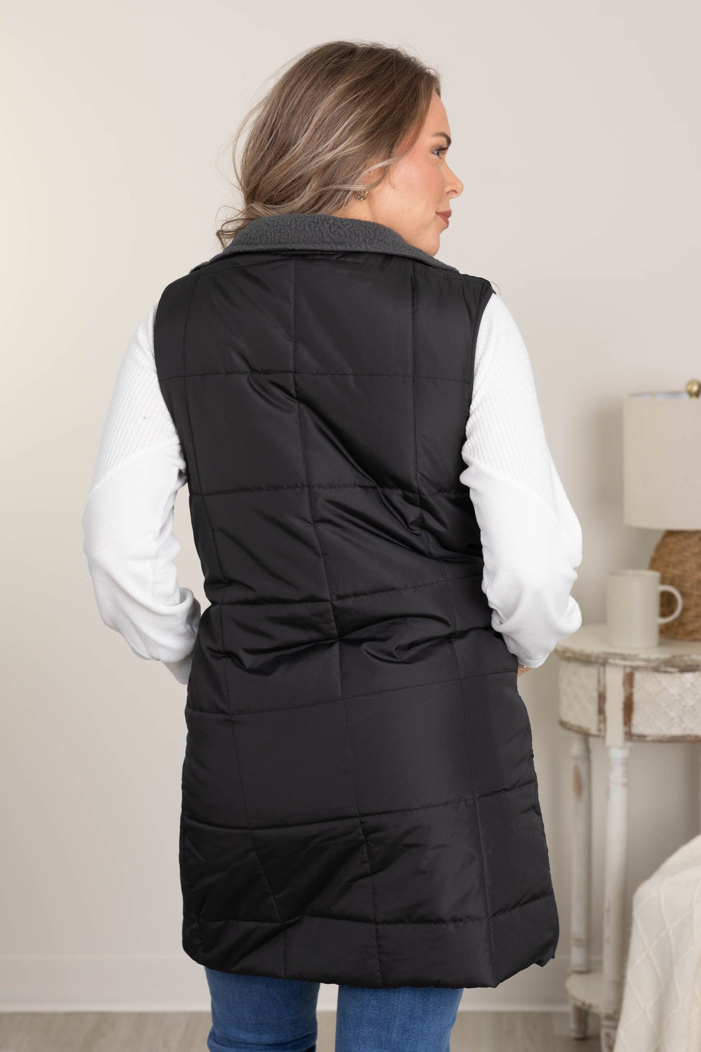 Black Sherpa-Lined Longline Vest