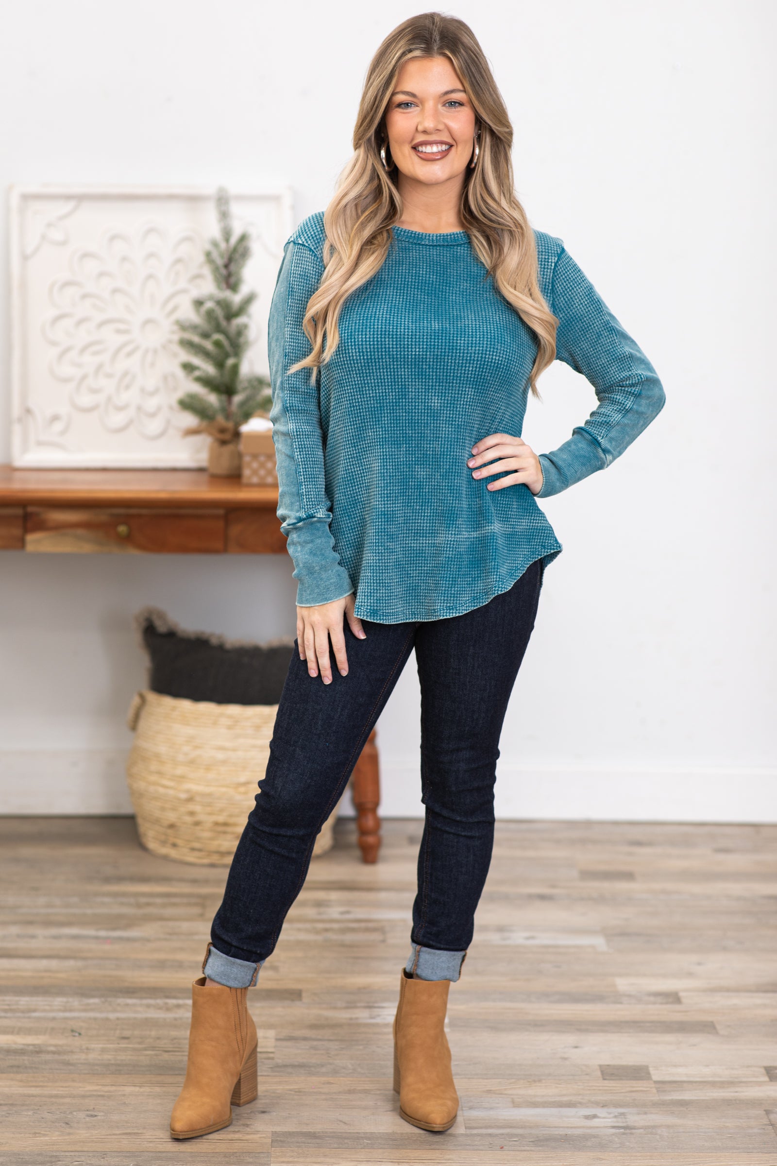 Teal Washed Baby Waffle Knit Top