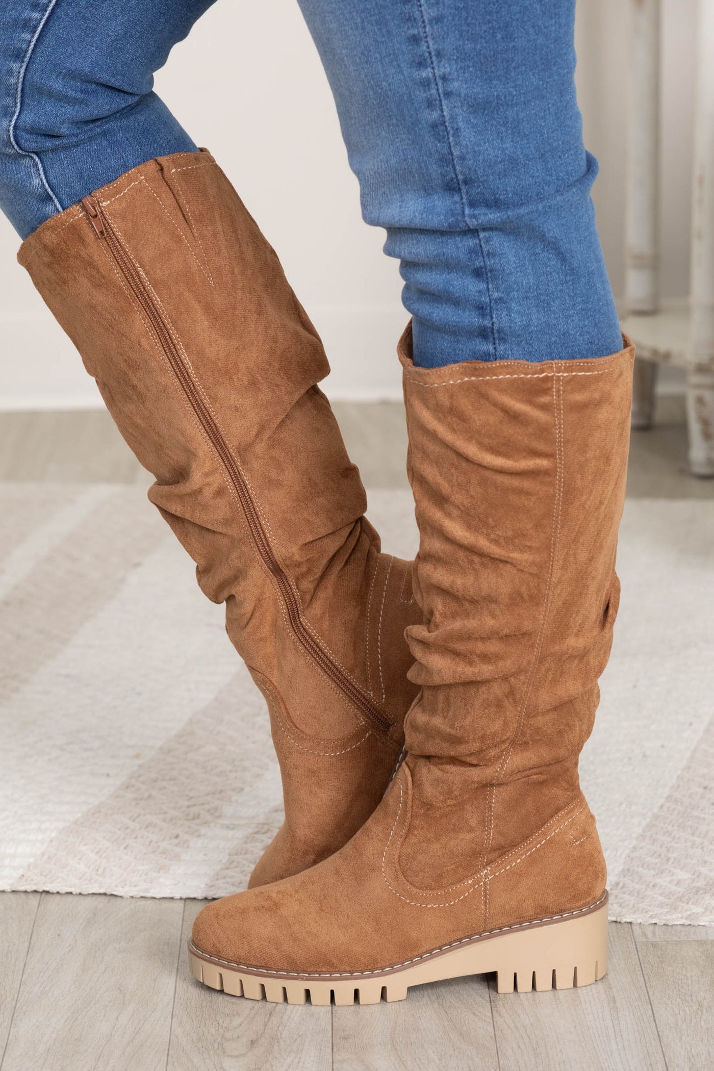 Camel Micro Suede Lug Sole Tall Boots