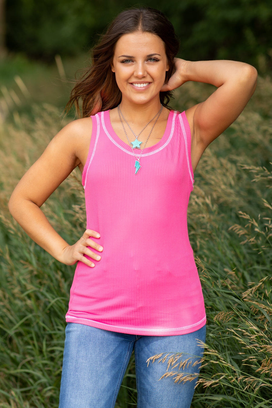 Pink Contrast Stitch Detail Tank - Filly Flair