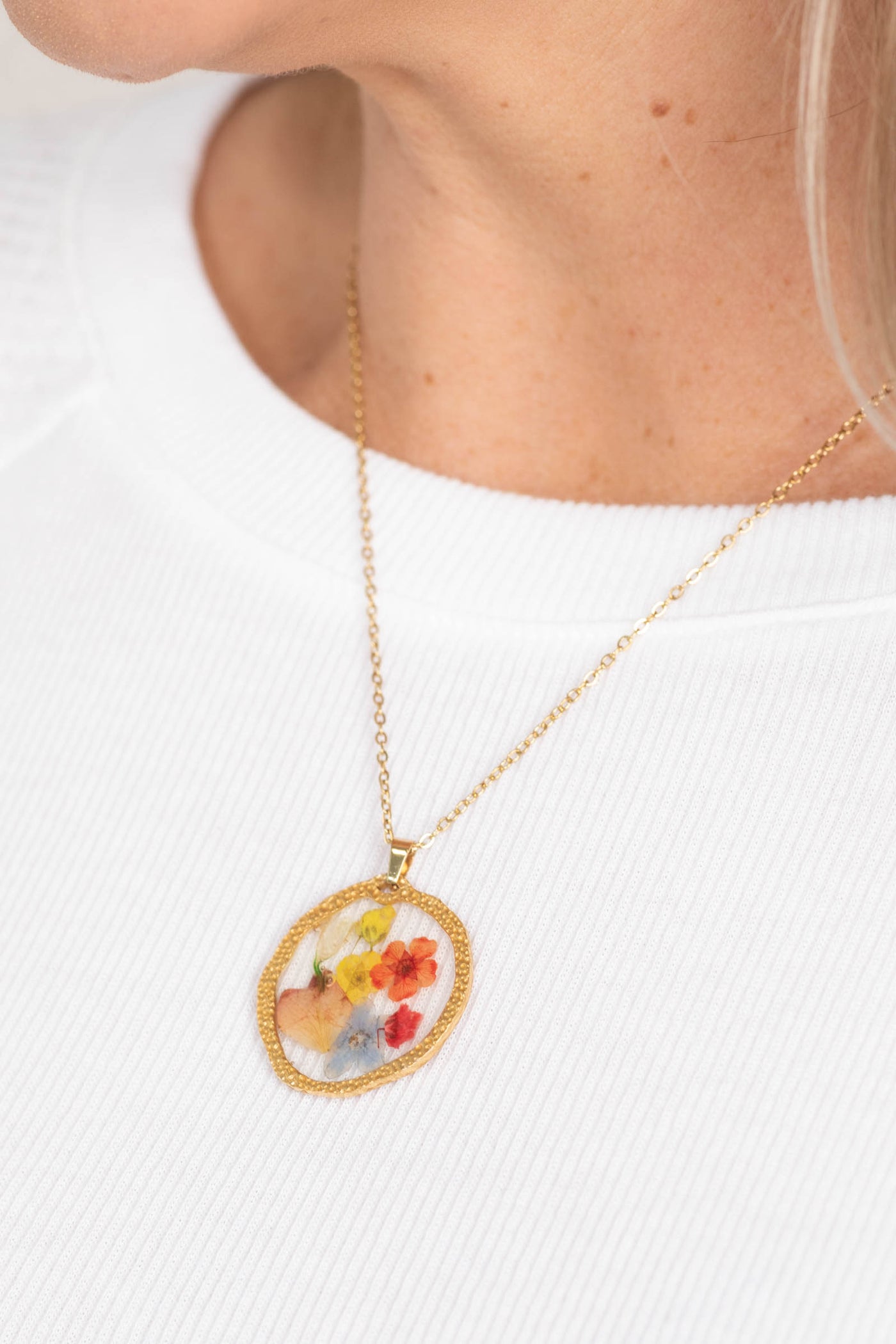 Round Pendant Pressed Floral Necklace