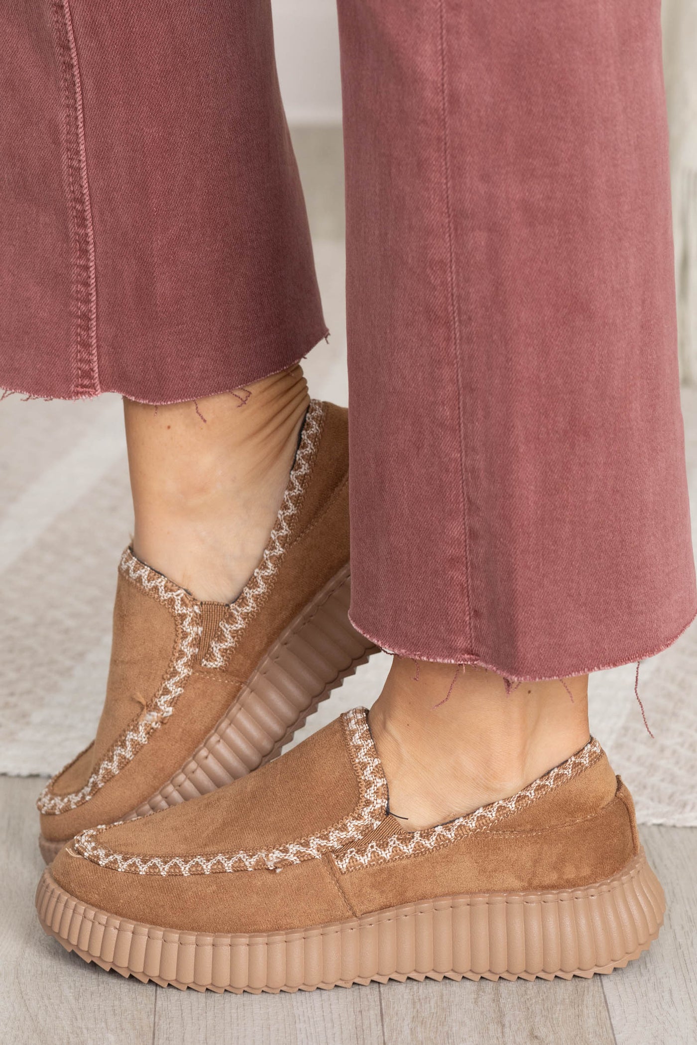 Tan Contrast Stitch Faux Fur Lined Slip Ons