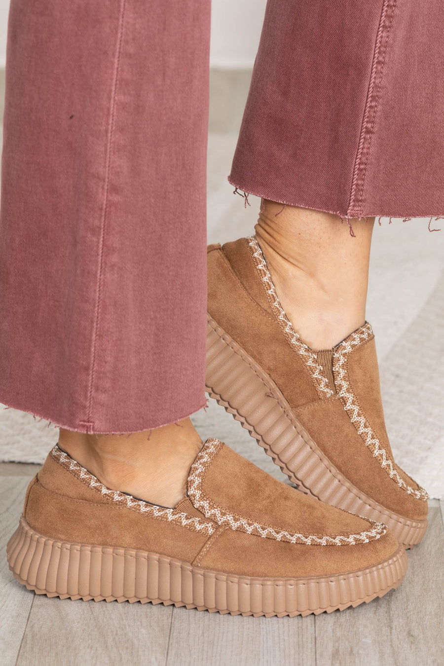 Tan Contrast Stitch Faux Fur Lined Slip Ons