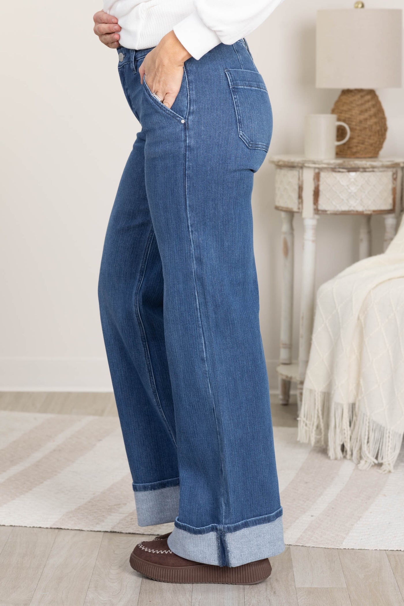 Risen Medium Mid Rise Wide Leg Cuffed Jeans