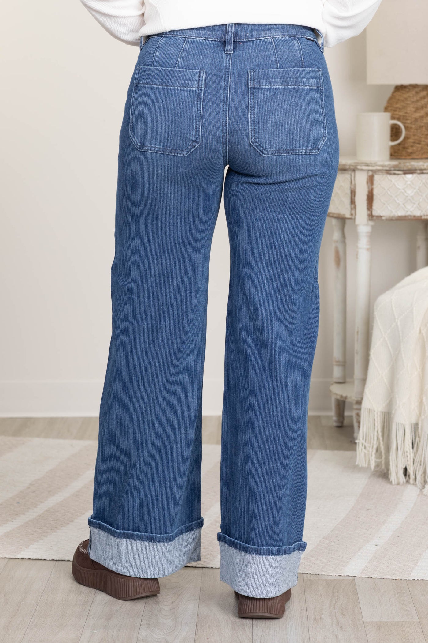 Risen Medium Mid Rise Wide Leg Cuffed Jeans