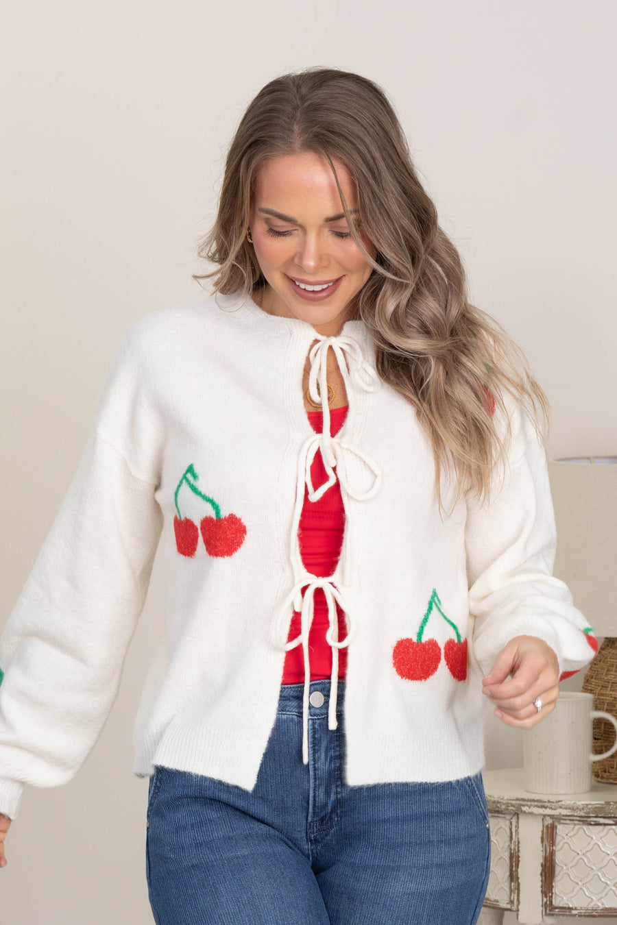 Ivory Cherry Jacquared Bow Tie Cardigan