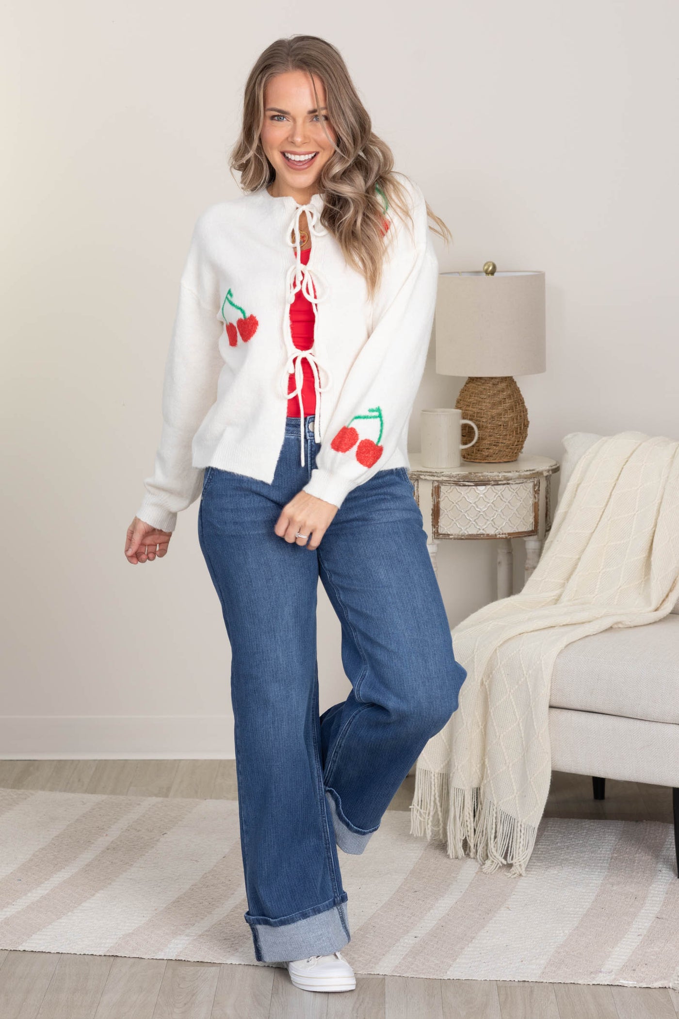 Ivory Cherry Jacquared Bow Tie Cardigan