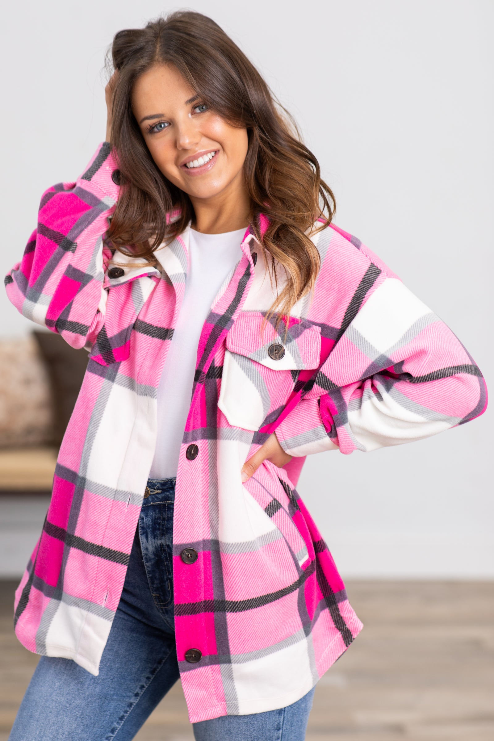 Hot Pink and Off White Plaid Shacket
