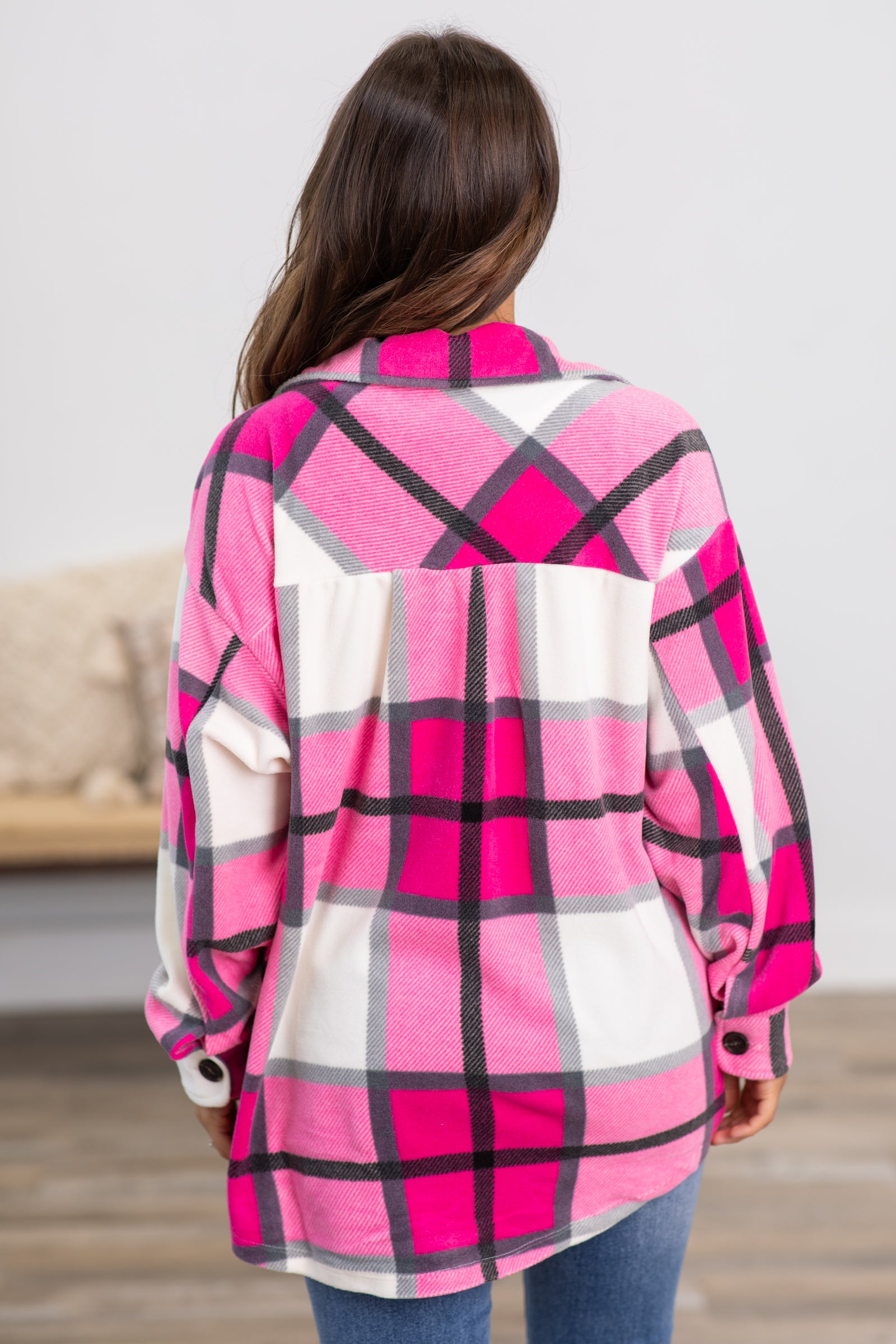 Hot Pink and Off White Plaid Shacket