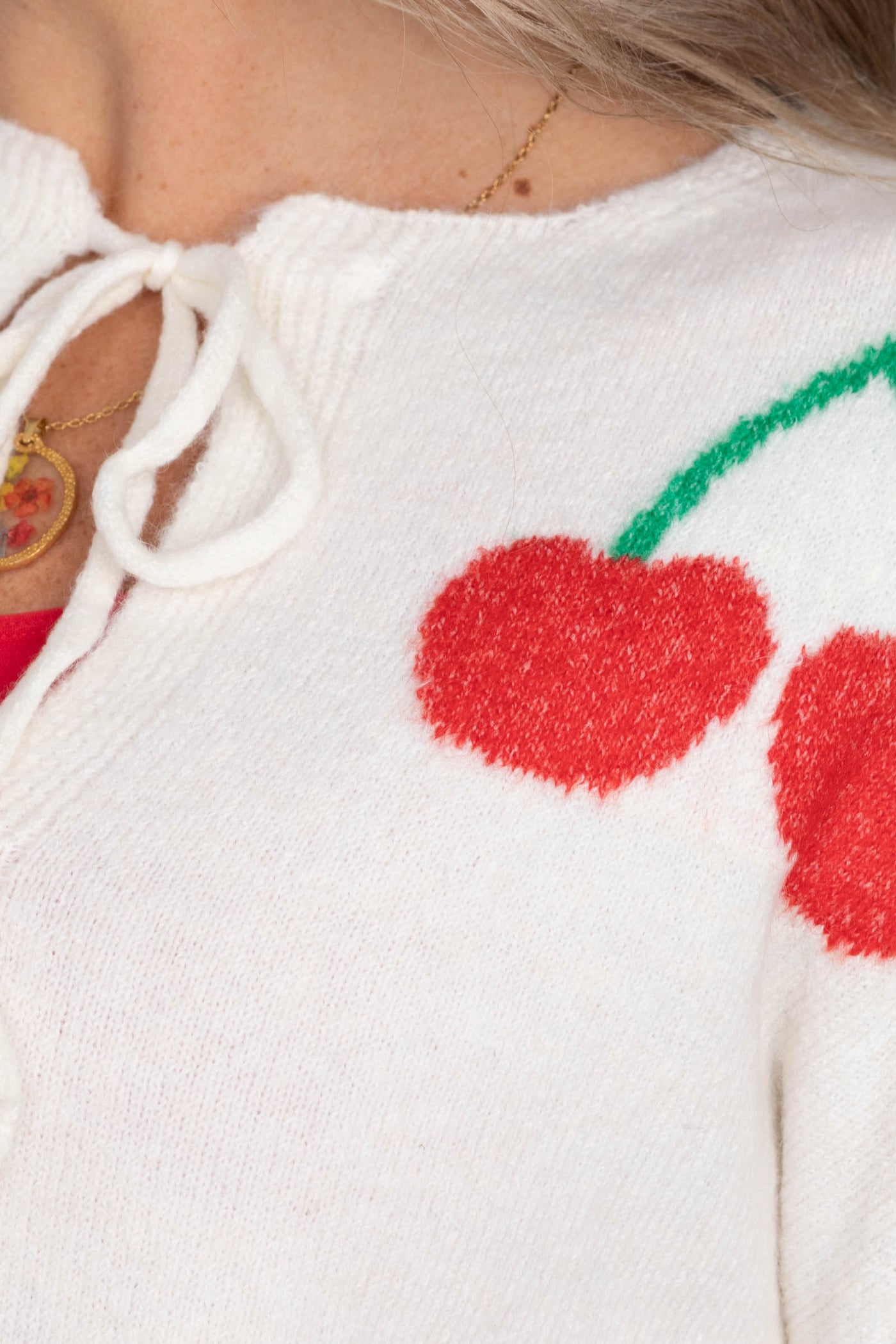 Ivory Cherry Jacquared Bow Tie Cardigan