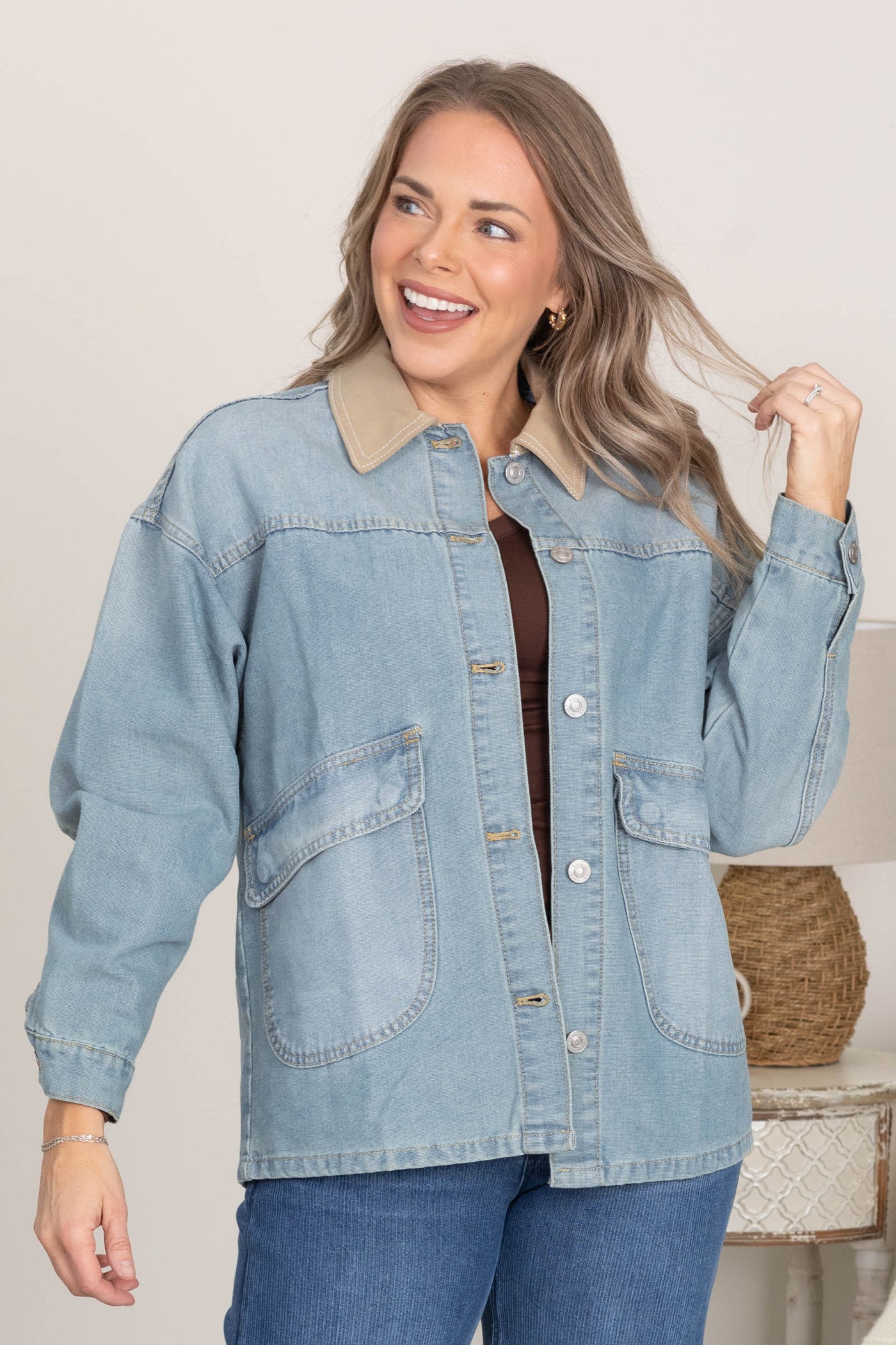 Denim Barn Jacket With Contrast Collar Detail