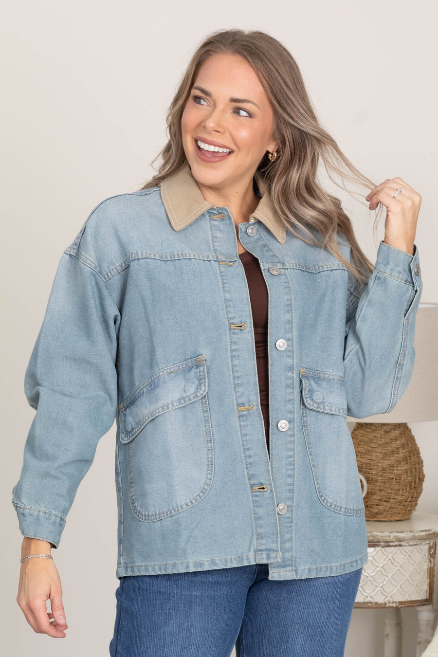 Denim Barn Jacket With Contrast Collar Detail