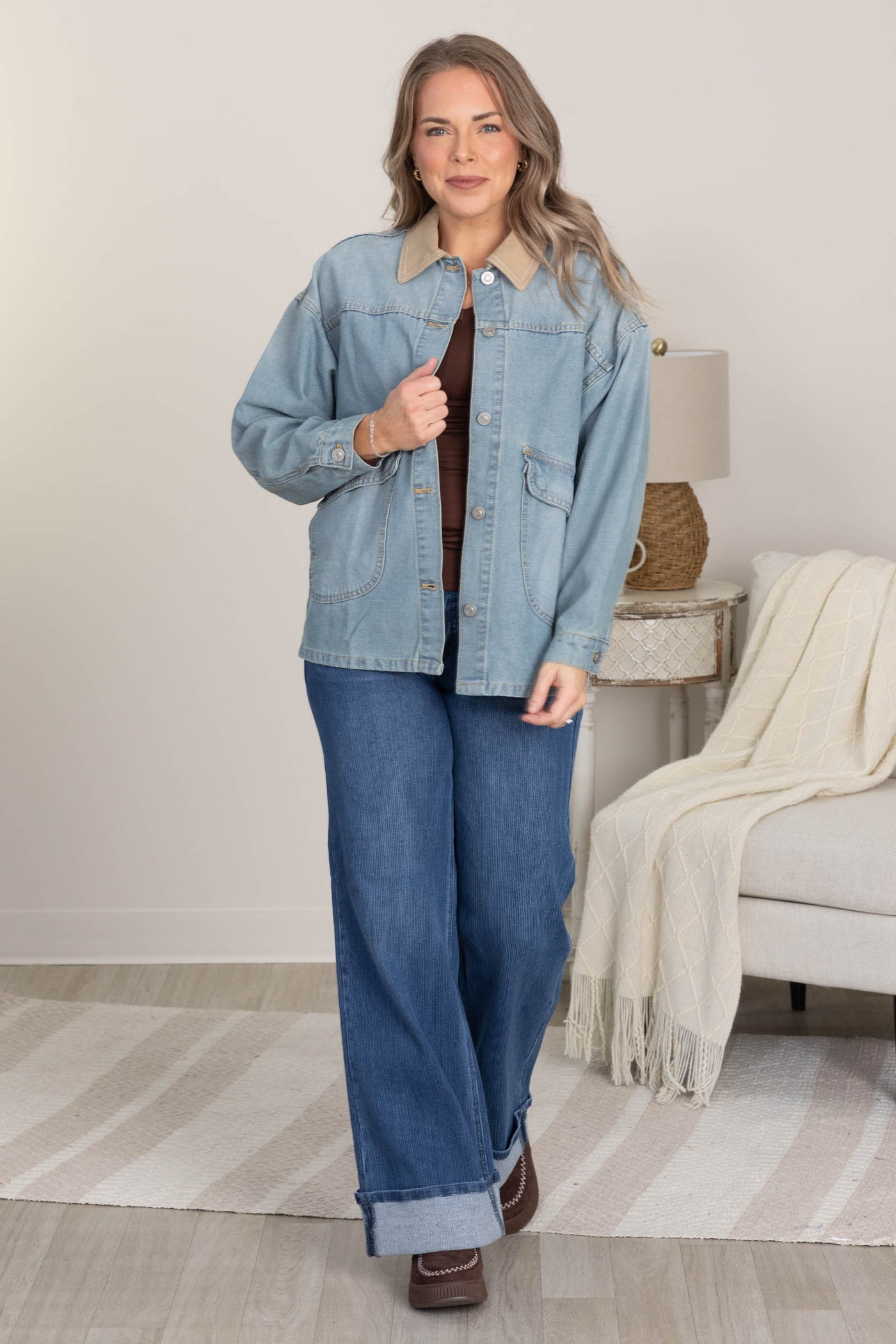 Denim Barn Jacket With Contrast Collar Detail