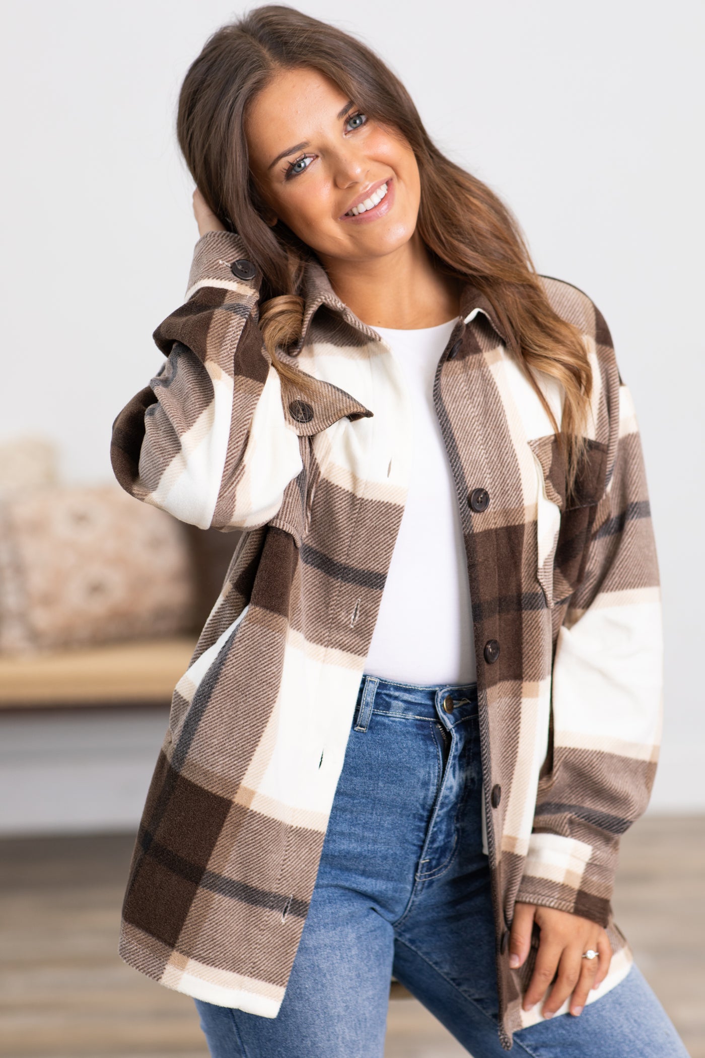 Brown and Off White Plaid Shacket