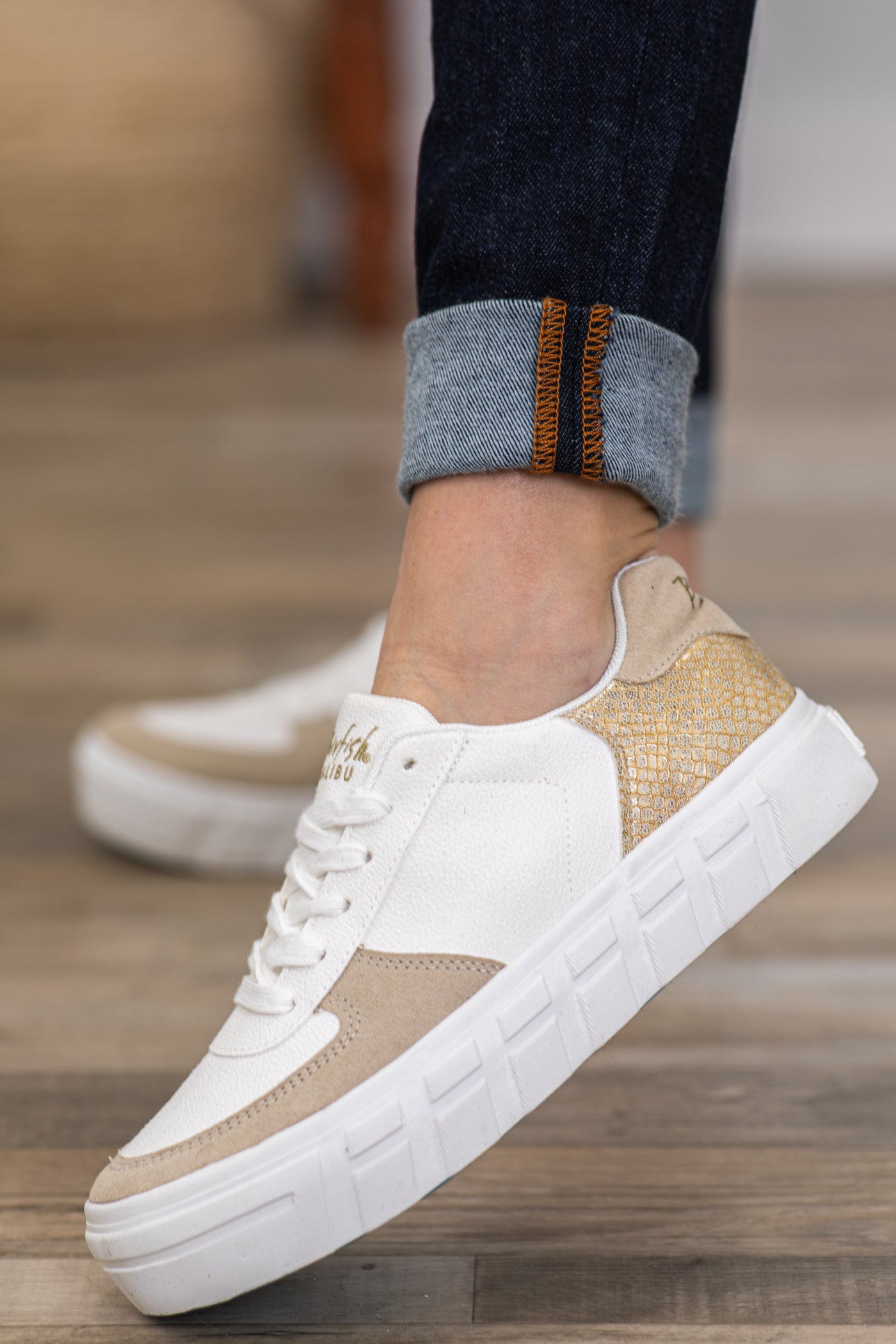White and Tan Colorblock Platform Sneakers